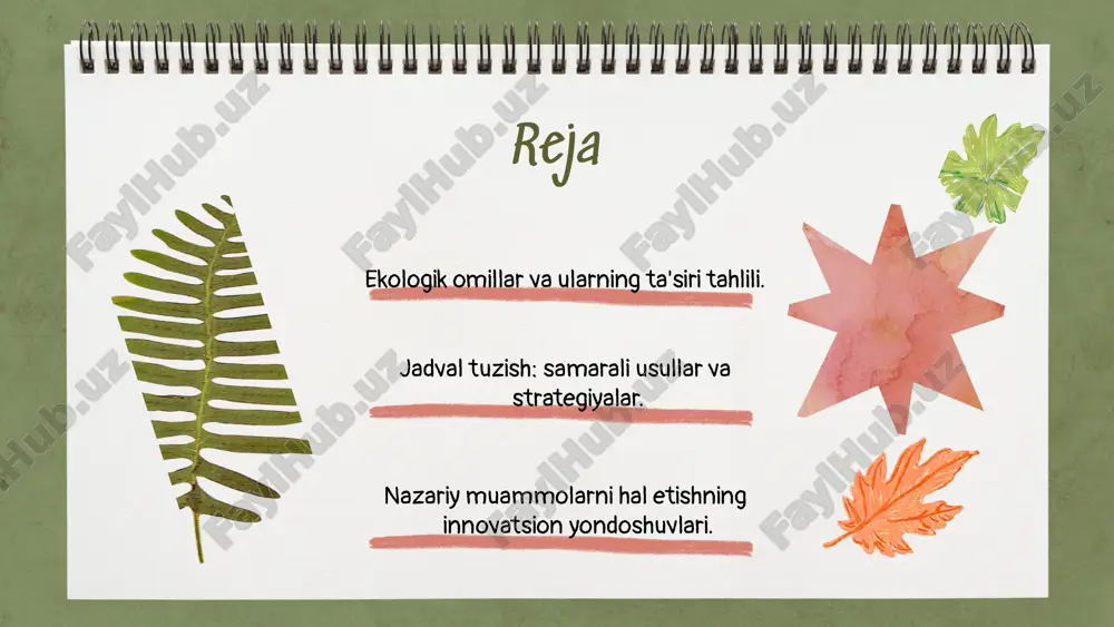 va iqtisodiy jihatdan ham ko'p muammolarni keltirib chiqaradi. barqaror rivojlanish maqsadlariga erishish uchun iqlim o'zgarishi bilan kurashish va ekologik muvozanatni tiklash zarur. bu masalalarni hal qilish orqali kelajak avlodlarimiz uchun xavfsiz va barqaror muhit yaratamiz. tadbirkorlik va ekologik omillar tadbirkorlik faoliyatida ekologik omillarni hisobga olish iqtisodiy barqarorlik va atrof-muhitni muhofaza qilish uchun muhimdir. tadbirkorlar o'z faoliyatlarida ekologik jihatlarni inobatga olib, resurslardan samarali foydalanish va chiqindilarni kamaytirish yo'llarini qidirishlari lozim. bu nafaqat atrof-muhitni saqlashga, balki tadbirkorlik jarayonlarini yanada samarali va raqobatbardosh qilishga yordam beradi. ekologik ta'sirni baholash metodlari: swot tahlil ekologik muammolarni hal qilishda tadbirkorlikning roli. photo by markus spiske on unsplash photo by adele payman on unsplash jadval tuzish jarayoni jadval tuzishning ahamiyati asosiy qadamlar qoʻllaniladigan dasturlar jadval tuzish, ma'lumotlarni tizimli va aniq ko'rsatish uchun juda muhimdir. u, ma'lumotlarni tahlil qilish, solishtirish va tushunishga yordam beradi, shuningdek, natijalarni osonroq anglash imkoniyatini yaratadi. 1. ma'lumotlarni to'plash: kerakli ma'lumotlarni aniqlash va yig'ish. …