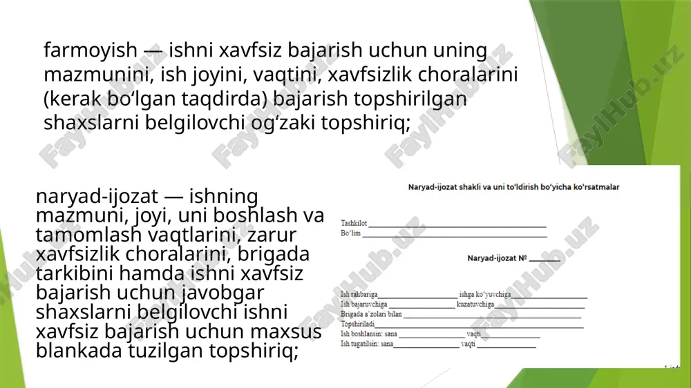 lmalarda bir vaqtda ishlash uchun bitta naryad berishga ruxsat beriladi. bunday paytda ish rahbarini tayinlash talab qilinmaydi. agregatlar (qozon, turbina, generator) va alohida texnologik uskunalarni (kul chiqarib tashlash, isitish, yoqilg‘i maydalagich tizimlari va boshqalarni) ta’mirlashga chiqarilgan taqdirda, bitta naryad ushbu agregat elektr motorlarining barchasida (yoki bir qismida) va ushbu agregatlarni (uskunalarni) elektr motorlarini elektr energiyasi bilan ta’minlovchi-taqsimlovchi elektr uskunalarning barcha (yoki bir qismi) qo‘shilmalarida ishlash uchun bitta naryad beriladi. kuchlanishi bir xil bo‘lgan taqsimlovchi elektr uskunasida ulangan elektr motorlarda ishlash uchun, bitta naryad berilishi mumkin. elektr motorlarda va ular ulangan komplekt taqsimlovchi elektr uskunalari bilan jihozlangan taqsimlovchi uskunalarda brigadani bir ish joyidan ikkinchi ish joyiga o‘tkazishni rasmiylashtirish talab qilinmaydi. ushbu elektr uskunalarning bir nechta ish joyiga brigadani tarqatib ishlashiga ruxsat beriladi. konstruksiyasi boshqacha ishlangan taqsimlovchi elektr uskunalaridagi elektr motorlar qo‘shilmalarida ishlashga ijozat olinganda va ish bajarilganda bir ish joyidan ikkinchi ish joyiga o‘tkazish naryadda rasmiylashtirilishi shart. bir tizimli shinani va …