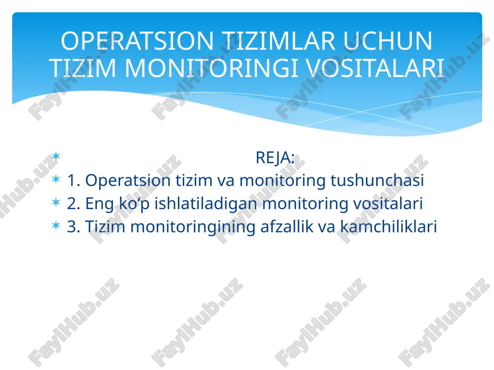 iy (lokal) monitoring vositalari va markazlashtirilgan (tarmoq asosidagi) monitoring tizimlari. quyida eng keng tarqalgan va samarali hisoblangan monitoring vositalari keltiriladi: eng ko‘p ishlatiladigan monitoring vositalari 1. htop (linux) vazifasi: protsessor, xotira, jarayonlar va yuklanish holatini real vaqt rejimida ko‘rsatadi. afzalligi: interaktiv va rangli interfeys, filtr va saralash imkoniyatlari. kamchiligi: faqat terminalda ishlaydi, grafik interfeys mavjud emas. 2. zabbix vazifasi: tarmoqdagi barcha qurilmalarning ishlash holatini markazlashtirib monitoring qilish. afzalligi: kengaytirilgan grafikalar, ogohlantirishlar va tarixiy ma'lumotlar saqlanishi. kamchiligi: o‘rnatish va sozlash nisbatan murakkab. 3. grafana vazifasi: monitoring ma'lumotlarini grafik va interaktiv taqdim etish (odatda prometheus, zabbix yoki boshqa backend bilan ishlaydi). afzalligi: juda boy vizualizatsiya imkoniyatlari, real vaqtli grafiklar. kamchiligi: o‘zi mustaqil monitoring qilmaydi, faqat vizualizatsiya vositasi. amaliy jihatdan har bir monitoring vositasi ma'lum bir tizim, arxitektura yoki ehtiyojga ko‘ra tanlanadi. masalan: oddiy tizimlar uchun — htop katta tarmoqlar uchun — zabbix grafik monitoring uchun — grafana to‘g‘ri tanlangan monitoring vositasi tizimning …