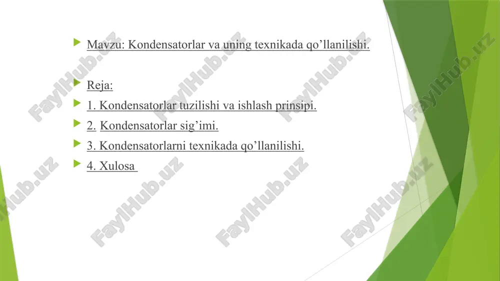 mosiz o'tkazadi. kondensatorni asosan ikkita muhim harakteristikasi bor. sig’imi va ishchi kuchlanishi. kondensator sig’imi elektr zaryadlari. bilamiz, ikki xil turdagi zaryadlar mavjud: musbat zaryad va manfiy zaryad. ma’lumki, bir xil zaryadlar bir-birini itaradi ya’ni uzoqlashadi va turli zaryadlar bir biriga tortishadi. (maktab fizika kursi) keling, yana oddiy kondensator modelini ko'rib chiqaylik. agar biz kondensatorni biror bir, o’zgarmas tok manbaiga ulasak, biz uni zaryad qilamiz. bu vaqtda, ta’minlash manbaining plyusidan kelayotgan musbat zaryadlar bir plastinkaga, ta’minlash manbaini minusidan kelayotgan manfiy zaryadlar boshqa plastinkaga joylashadi. sig’im nima? kondensatorning sig'imi, uning plastinkalarida, elektr maydoni shaklida, zaryadni saqlash qobiliyatidir. sig'im nafaqat kondensatorda bo'lishi mumkin. masalan, shishaning sig’imi 1 litr yoki benzin bakining sig’imi 50 litr va hokazo. biz 1 litr hajmdagi shisha idishga, bu shisha uchun mo'ljallanganidan ko’ra ko'proq sig'dira olmaymiz, to'g'rimi? aks holda, qolgan suyuqlik shunchaki shishaga sig'maydi va undan to’kiladi. xuddi shunday holat, kondansator bilan sodir bo'ladi. biz unga mo’ljallanganidan ortiq zaryad …