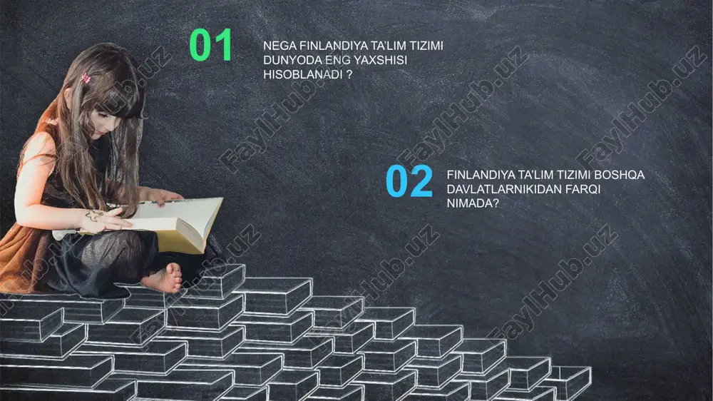 iy o'quv yurtiga joylashish uchun imtihonda dastlabki ikki til bo'yicha sinovdan o'tkaziladi. har bir darsdan so'ng talabalarga katta tanaffusdan tashqari 15 daqiqalik tanaffus ham beriladi. bundan tashqari, ochiq havoda jismoniy faollik yuqori darajada rag'batlantiriladi va ba'zi darslar sinfdan tashqarida o'qitiladi. wesome presentation a aksariyat mamlakatlardan farqli o'laroq, o'qituvchilik kasbi past baholanadi va past baholanadi. finlyandiyada oʻqituvchilar oliy maʼlumotga ega va ular hurmatga sazovor mutaxassislar hisoblanadi. ularning maqomi advokat va shifokorlar maqomiga teng. finlyandiyalarning 93 foizi akademik yoki kasb-hunar litseylarini bitiradi, bu aqshdan 17,5 foizga yuqori va 66 foizi oliy ta’limga o‘qishni davom ettiradi, bu yevropa ittifoqidagi eng yuqori ko‘rsatkichdir. shunga qaramay, finlyandiya qo'shma shtatlarga qaraganda har bir talabaga 30 foizga kam mablag' sarflaydi. hatto eng yaxshi ishlaydigan tizimlarda maktab kunining o'rtacha davomiyligi mamlakatga qarab sezilarli darajada farq qiladi. masalan, finlyandiyada o'quvchilar maktabda kuniga atigi 5 soat vaqt o'tkazishadi, maktabdan tashqarida esa uy vazifasi kam. portfolio presentation thank you do you …
