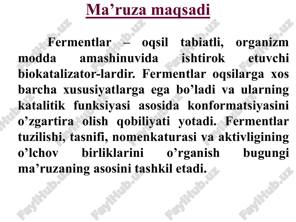 markazlar hosil bo’ladi: katalitik subbirlik boshqaruvchi subbirlik kofaktorlar sifatida noorganik (metall ionlari, temir-oltingugurtli klasterlar va b.) yoki organik (flavin, gem va b.) moddalar qatnashishi mumkin. organik kofaktorlar, ferment bilan mustahkam bog’langan bo’lsa prostetik guruh deb nomlanadi. organik tabiatli kofaktorlar fermentdan oson ajraladigan bo’lsa, kofermentlar deb ataladi. metall ionli kofaktorlar metall ionlari quyidagi funksiyalarni bajaradi: a) substrat molekulasini stabilizatori; v) fermentning faol markazi stabilizatori; s) oqsil tabiatli fermentning konformatsiyasini stabillashtiradi. geksokinaza ishtirokida glukozo-6-fosfat hosil bo’lishida mg2+ ionlari substratning stabiliza-tori, atf molekulasining faol markazga biriki-shi va “mos” oriyentatsiyasini, fosfodiefir bog’-larini kuchsizlantirib, ularning oson uzilishini va glukozaga tashilishini ta’minlab beradi mg2+-atf - kompleksi koferment koferment – bu fermentning to’g’ridan-to’g’ri substrat bilan ta’sirashadigan faol qismi hisoblanadi. koferment oqsil qism bilan kovalent yoki nokovalent bog’lar bilan bog’langan bo’ladi kofermentlarning kimyoviy tabiati va funksiyalari vitamin hosilalari (v1, v2, v6, v12, s, n va b.); gem, sitoxromlar, katalazalar, peroksidazalar, guanilatsiklazalar, no-sintazalar tarkibida fermentlarning prostetik guruhi sifatida; nukleotidlar …