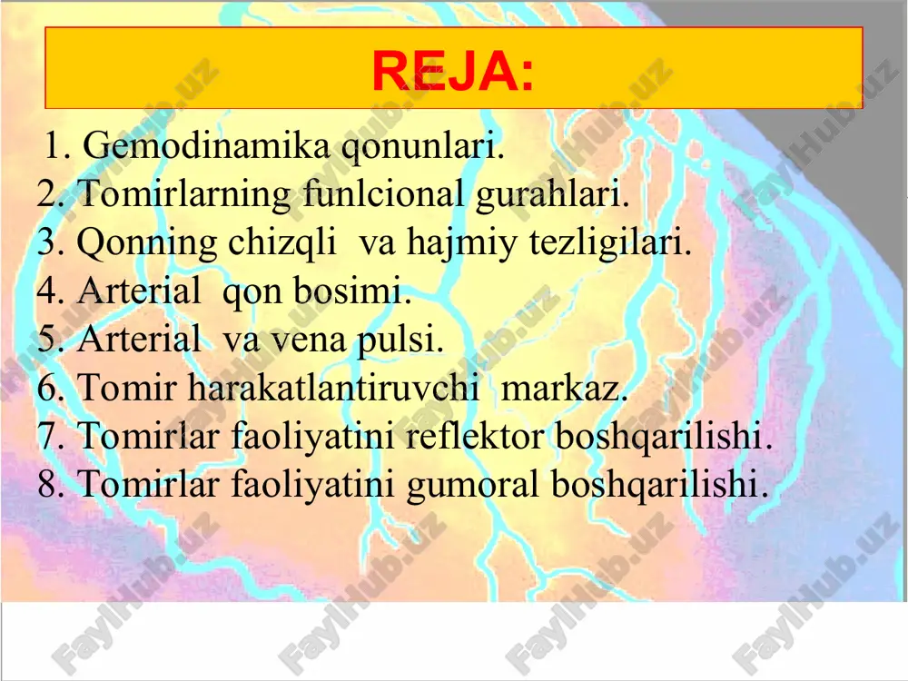 kapillyarlarda 0,5 mm\s ga kavak venalarda 200 mm\s hajm tezligi -vaqt birligida tomirning ko’ndalang kesimidan oqib o’tadigan qon. yurakdan oqib chiqadigan qon miqdori unga keladigan qon miqdoriga teng. qon bosimi qorinchalar sistolasi vaqtida qon kuchli oqim bilan aortaga o’tadi va qon bosimi arteriyalarda eng katta bo’ladi.bunga bosim deydilar. 100-120mm\sim.ust. tashkil etadi qorinchalar diastolasi paytida aortaga qon oqib o’tishi to’xtab qolganligi sababli arterial bosim pasayadi, bu diastolik bosim deyiladi. 60-120mm\sim. ust. tashkil etadi qon bosimi qon bosimini o’lchash arterial bosimning boshqarilishi sistolada arteriya devorining ritmik tebrani-shi arterial puls deb ataladi. bilak, chakka oyoq panjasining orqa yuzasidan aniqlash mumkin. sfigmogramma to’lqinlari: anakrota katakrota insizura dikrotik arterial puls vena pulsi flebogrammada a,s,va v farq qilinadi. a- tishi o’ng bo’lma sistolasiga to’g’ri keladi. c- tishi uyqu arteriyasining turtkisidan kelib chiqqadi. v- tishi qorinchalar sistolasining oxirida, bo’lmalar qonga to’lib, vena devorini cho’zishiga kelib chiqadi. simpatik nervning tomirlarga ta’siri a.p.valter 1842 yilda baqalarda, kl.bernar 1852 yilda …