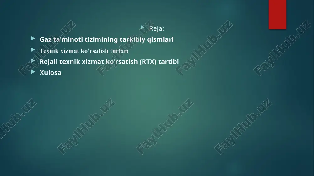 . profilaktik ta'mirlash-uskunalarning nosozliklarini oldini olish, ularning ishlash muddatini uzaytirish va samaradorligini oshirishga qaratilgan. favqulodda ta'mirlash-kutilmagan nosozliklar, avariyalar yoki shikastlanishlar yuzaga kelganda tezkor ravishda amalga oshiriladi. maqsad – xavfsizlikni tiklash va ta'minotni qisqa muddatda tiklash. mavsumiy xizmat ko'rsatish- asosan qish mavsumiga tayyorgarlik ko'rishni o'z ichiga oladi. bunda tizimning sovuq havo sharoitida ishlashga tayyorligi tekshiriladi va kerakli sozlashlar kiritiladi rejali texnik xizmat ko'rsatish (rtx) tartibi gaz quvurlarini vizual ko'rikdan o'tkazish-har oyda barcha gaz quvurlari tashqi shikastlanishlar, korroziya va boshqa vizual nosozliklar bor-yo'qligini tekshiriladi. gaz sizishini tekshirish- maxsus gaz sizishini aniqlovchi asboblar yordamida tizimning barcha ulanish joylari va quvurlar bo'ylab gaz sizishi bor-yo'qligi muntazam tekshiriladi gaz uskunalarining sozligini tekshirish- gaz analizatorlari yordamida gaz yonishining to'g'riligi, uskunaning samaradorligi va xavfsizligi tekshiriladi katod himoyasining samaradorligini o'lchash-quvurlarning yer osti korroziyasidan himoyasini ta'minlovchi katod himoya stansiyalarining potentsial darajasi o'lchanadi. bu ularning to'g'ri ishlashini kafolatlaydi. gaz uskunalarini hisobga olish priborlariga (gaz hisoblagichlar) xizmat ko'rsatish ko'rsatkichlarni yozib olish …