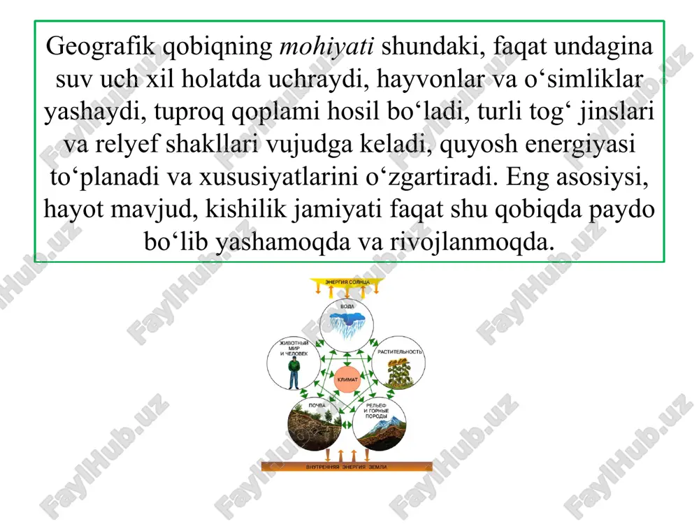 har xil qalinlikka ega. geografik qobiq uni tashkil qiluvchi qobiqlardan ko‘p xususiyatlariga ko‘ra farq qiladi, ulardan asosiylari quyidagilardan iborat: 1. geografi k qobiq moddiy tarkibi va tuzilishining xilma-xilligi. geografik qobiqda moddalar uch xil, ya’ni qattiq, suyuq va gazsimon holatda uchraydi. ularning fizik va kimyoviy xususiyatlari turlicha va o‘zgaruvchan. moddalarning tuzilishiga ko‘ra, organik, noorganik va aralash turlari ajratiladi. 2. geografi k qobiqda energiyaning turli xillari uchraydi. quyosh energiyasi kimyoviy jarayonlar, issiqlik va mexanik energiyaga aylanadi. 3. geografi k qobiqda issiqlikning o‘zgarishi va to‘planishi. geografik qobiqqa issiqlik koinotdan va yerning ichki qismidan keladi. ushbu issiqlikning bir qismi organik moddalarda va ularning qoldiqlarida to‘planadi (ko‘mir, gaz, neft, torf va h.k.) 4. geografi k qobiqda uni tashkil etuvchi komponentlar va geosferalarning o‘zaro ta’siri va aloqalari natijasida sifat jihatidan yangi hosilalar – geotizimlar vujudga kelgan. 5. geografi k qobiqda hayotning mavjudligi. tirik organizmlar, jumladan inson uchun faqat shu yerdagina qulay muhit mavjud. 6. geografi k …