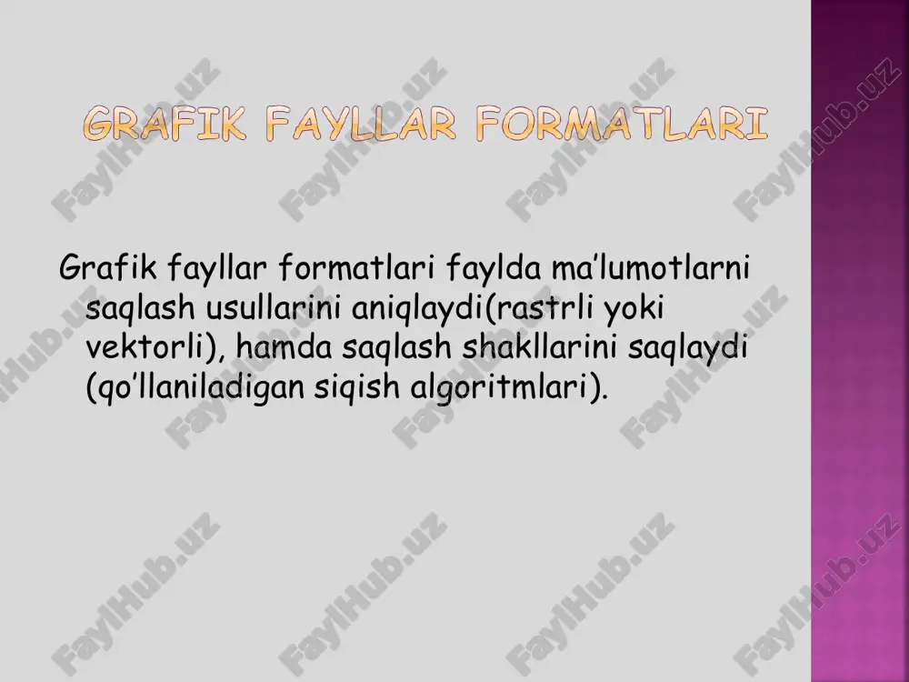 yligi va tasvirni kengaytirishda katta imkoniyat mavjud. tasvirning raqamli ma`lumotlarni ifodalovchi barcha axborotlar boshqa ko’pgina format fayllari singari uning boshlang’ich qismida emas, balki maxsus bloklarda, tasvir parametrlarining ichki belgilashlarida saqlanadi. unda 45 dan ortiq turli teglar mavjud bo’lib ularning qo’llanilishi ko’pgina qo’shimcha funktciyalarni tashkil etish imkoniyatini beradi. bit map image (bmp) – bmp grafik formati windows operatsion tizimi uchun microsoft fir­ma­si tomonidan ishlab chiqarilgan. u favqulotda sodda strukturani ifoda­lay­di va uncha katta bo’lmagan piktogramma-tasvirlarning namoyish etili­shi­­­ni izohlash uchun xizmat qiladigan rastrli(nuqtali) grafik formatdir. u grafik interfeyslarda keng qo’llani­la­di. windows metafile (wmf) – windows-dasturlari uchun vektorli grafik fayllarning universal formati. coreldraw files (cdr) – vektorli grafik format bo’lib, coreldraw grafik muharririning asosiy formati hisoblanadi. photoshop document (psd) – kuchli imkoniyatli rastrli(nuqtali) grafik format bo’lib, photoshop grafik muharririning asosiy formati hisoblanadi. rle (run length encoding) – bu siqish usulida ketma-ket keldigan bir xil piksellarni qisqartirib yozish nazarda tutiladi («qizil, qizil, ..., qizil», …