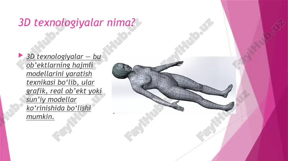larni 3d bio-printing yordamida tayyorlash rejalashtirilmoqda. afzalliklari aniq modellar tezkor tayyorlash kamroq xatolik bemor uchun qulaylik o‘zbekistonda holati o‘zbekistonda ham 3d texnologiyalar kirib kelmoqda, ba’zi klinikalarda allaqachon joriy etilgan. xulosa 3d texnologiyalar tibbiyotda innovatsion burilish yaratmoqda. ular bemorlar hayot sifatini oshirishga xizmat qiladi. . “ ” savollar bo‘lsa? e’tiboringiz uchun rahmat! savollaringiz bo‘lsa, mamnuniyat bilan javob beraman. image1.png image2.png image3.png image4.png image5.png image6.png image7.jpg image8.png image9.png image10.png image11.png image12.png image13.png image14.png image15.png image16.png /docprops/thumbnail.jpeg