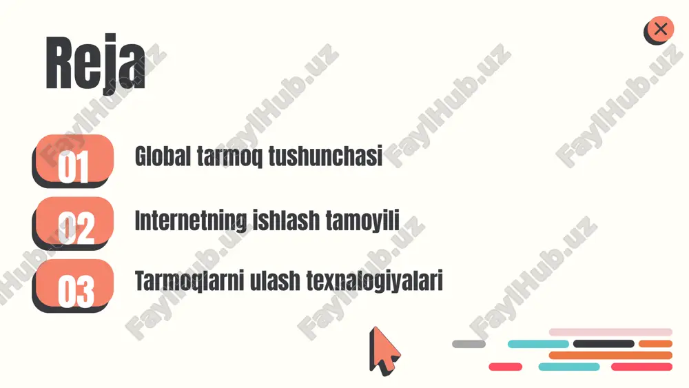 rkinligi, iqtisodiy o‘sish va innovatsion sohalarda – masofaviy ish, onlayn ta’lim, aqlli shaharlar – yangi imkoniyatlarni yaratadi. kelajakda tarmoq xavfsizligi va ma’lumotlarni himoyalash muhim bo‘lib qoladi. kriptografiya va zamonaviy xavfsizlik protokollari yangi tahdidlarga qarshi yechimlarni taklif etmoqda. internetning asosiy tamoyillari internetda maʼlumotlar almashinuvi standart protokollar asosida amalga oshadi. protokollar axborotni to‘g‘ri va xavfsiz uzatishni taʼminlaydi. tarmoqda har bir kompyuter o‘zining manzili orqali maʼlumot jo‘natadi va qabul qiladi. tcp/ip protokoli internetning asosiy protokoli bo‘lib, ikki asosiy qismdan iborat: tcp (transmission control protocol) va ip (internet protocol). tcp maʼlumotlarni to‘liq va tartibli yetkazishni, ip esa marshrutlashni taʼminlaydi. maʼlumotlar tcp orqali kichik paketlarga bo‘linadi va ip yordamida manzilga yo‘naltiriladi. paketlar yo‘lda yo‘qolsa, tcp ularni qayta yuboradi. shu tarzda ishonchli va uzluksiz maʼlumot almashinuvi amalga oshadi. internet dunyo bo‘ylab millionlab kompyuter va tarmoqlarni birlashtirib, axborotga keng kirish imkonini beradi. bu esa global hamkorlik, taʼlim va innovatsiyalar uchun yangi imkoniyatlar yaratadi. tcp/ip protokolining tuzilishi tcp/ip …