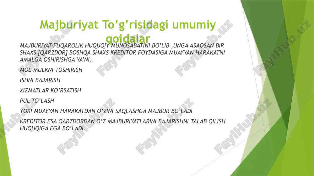 ko’chmas mulkni topshirish majburiyatlari bo’yicha ko’chmas mulk joylashgan yerda; tashishni nazarda tutadigan bo’lsa, birinchi tashuvchiga topshirish joyida; pul majburiyati bo’yicha- majburiyat vujudga kelgan paytda kreditor yashash joyida boshqa majburiyatlar bo’yicha qarzdorning yashash joyida agar yuridik shaxs bo’lsa joylashgan yerida amalga oshiriladi. qarzni depozitga qo’yish yo’li bilan majburiyatni bajarish qarzdor uzi to’lashi lozim bo’lgan pul yoki qimmatli qog’ozlarni notariusning depozitiga yoki sudning depozitiga qo’yishga haqli. muqobil majburiyatni bajarish agar qarzdor ikki yoki bir necha harakatlardan birini qilishi lozim bo’lsa, tanlash ixtiyori qarzdorda bo’ladi. solidar qarzdorlar majburiyatlari bo’yicha kreditorning huquqlari qarzdorlar sherik bo’lib majburiyat olganida kreditor hamma qarzdorlaridan majburiyatni solidar bajarishni ham ularning har biridan alohida alohida bajarishi ham mumkin. solidar majburiyatning qarzdorlardan biri tomonidan bajarilishi solidar majburiyatning biri tomonidan to’liq bajarilishi qolgan qarzdorlarni kreditor oldidagi majburiyatni bajarishdan ozod qiladi. majburiyatning bajarilganligini tasdiqlash kreditor majburiyatni bajarishni qabul qilib olgan vaqtida, qarzdorning talabi bilan unga tilxat berishi shart. tilxat o’rniga qaytarib berilayotgan qarz …
