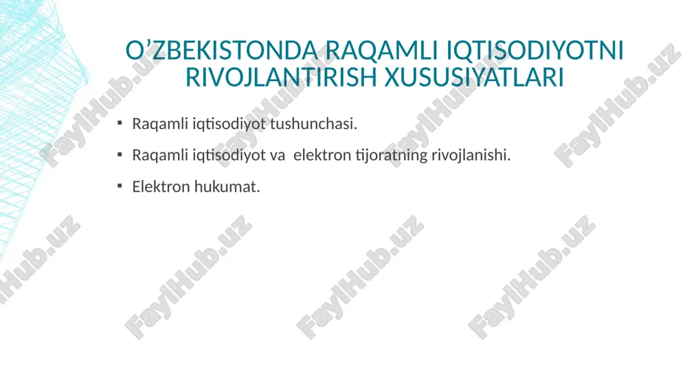 jarayonlari amalga oshishida - buyumlar interneti va masofaviy ta’lim (mooc) ning keng miqyosda qo’llanilishida - blokcheyn va u orqali yurutiladigan turli-tuman jarayonlarning hayotga tadbiq qilinishida - mayning jarayoni hamda mustaqil biznez yuritish imkoniyatining yuzaga chiqishida - yangi pul-kredit tizimi va banklar faoliyatining kengayishida - katta investitsyalar jalb qilish imkonini beradigan ico (initial coin offering) jarayoning amalga oshirilishida - mustaqil pul birligi va kriptovalyutalarning amaliyotga kirib kelishida - elektron tijorat va elektron biznesning rivojlanishida - va boshqa juda katta imkoniyatlar yuzaga kelishidadir. raqamli iqtisodiyot quyidagilarda namoyon bo’ladi: hozirgi kunda jahon miqyosida raqamli iqtisodiyotni umumiy bir ma’noda tushunish mavjud emas, shunday bo‘lsada, uning ko‘plab ta’riflari mavjud. masalan, raqamli iqtisodiyot– jarayonlarni tahlil qilish natijalaridan foydalanish va katta hajmdagi ma’lumotlarni qayta ishlash asosida turli xildagi ishlab chiqarishlar, texnologiyalar, asbob-uskunalar, tovarlar va hizmatlarni saqlash, sotish va yetkazib berish samaradorligini jiddiy ravishda oshirishga imkon beradigan va raqamli ko‘rinishdagi ma’lumotlar asosiy ishlab chiqarish omili deb sanalgan xo‘jalik …