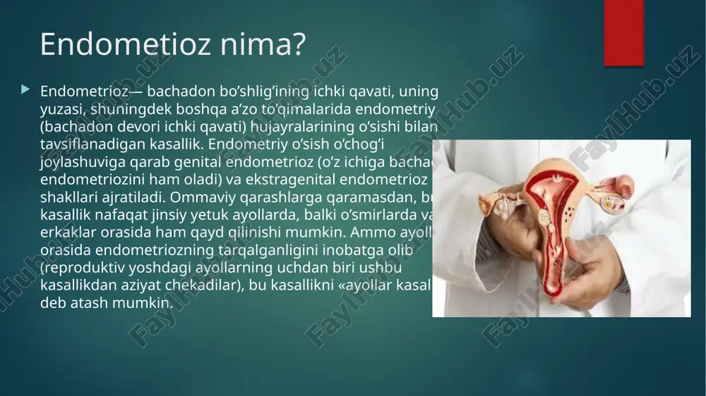 endometriy o’sishi patologik o’choqlarining rivojlanishi ehtimolini sezilarli darajada oshiradi: kichik tos va reproduktiv tizim a’zolarida tez-tez sodir bo’ladigan infektsion va yallig’lanishli jarayonlar; neoplazmalar, o’smalar, bachadon miomasi; operativ manipulyatsiyalar, invaziv muolajalar (kesarcha kesish, jarrohlik aralashuvi, abort, bachadon bo’shlig’ini tozalash, bachadon eroziyasini operativ davolash va hokazo); asoratli tug’ruq jarayoni; endokrin buzilishlar, turli xil etiologiyali gormonal disbalanslar; anemiya, immun himoya buzilishlari; chekish, spirtli ichimliklarni, kofeinli ichimliklar va preparatlarni ortiqcha iste’mol qilish. endometrioz alomatlari endometriozdagi simptomatik tasvir sezilmas, xira bo’lishi, boshqa kasalliklar va disfunktsiyalarning alomatlariga o’xshashi, ayrim ayollarda umuman alomatlarsiz kechishi mumkin. faqatgina endometriozga xos bo’lgan spetsifik belgilar mavjud emas, ammo bachadon va reproduktiv a’zolarda endometriy o’sishini quyidagi alomatlarga asoslanib shubha ostiga olish mumkin: qorinning pastki qismida og’riq, ba’zan yorqin namoyon bo’ladi va uzoq davom etadi, chov va belga tarqalishi mumkin, bu «surunkali tos og’riqlari» deb ataladi; og’riqning jinsiy aloqa, defakatsiya, ginekologik tekshiruvlar vaqtida kuchayishi; ko’p ajralma kelishli (anemiya hollariga qadar) uzoq davom etadigan …