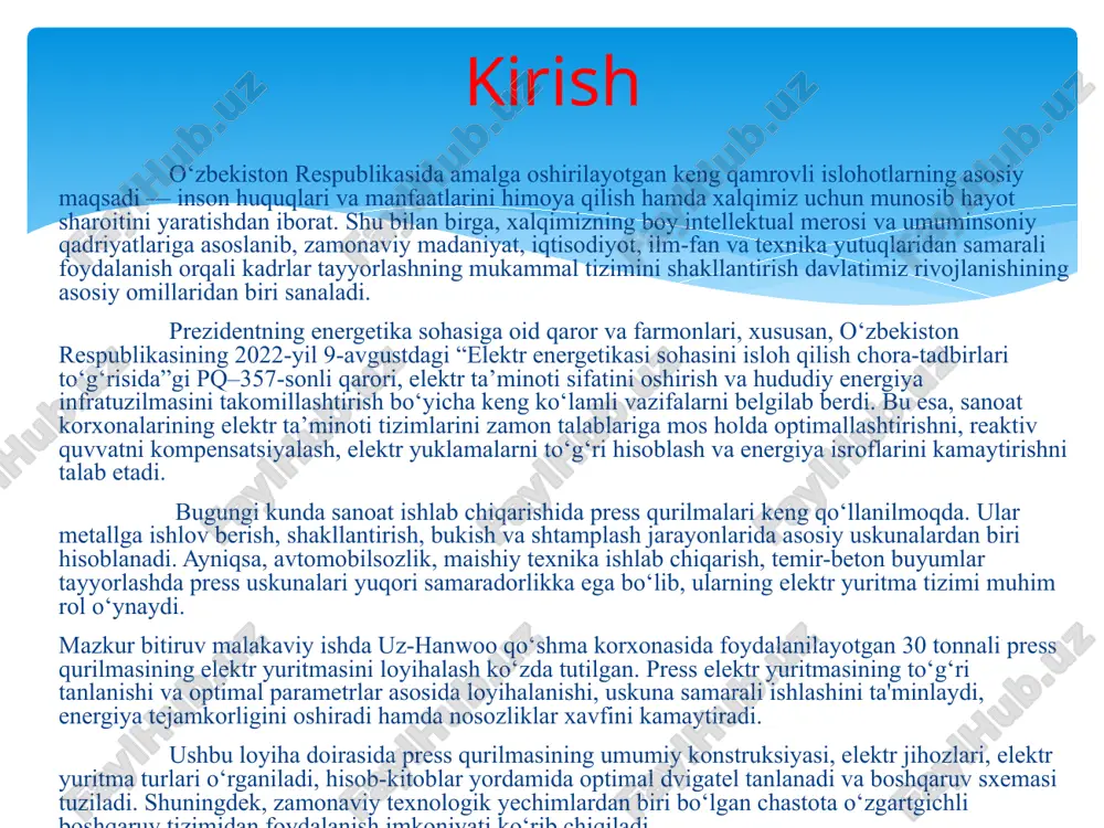 alarni belgilab berdi. bu esa, sanoat korxonalarining elektr ta’minoti tizimlarini zamon talablariga mos holda optimallashtirishni, reaktiv quvvatni kompensatsiyalash, elektr yuklamalarni to‘g‘ri hisoblash va energiya isroflarini kamaytirishni talab etadi. bugungi kunda sanoat ishlab chiqarishida press qurilmalari keng qo‘llanilmoqda. ular metallga ishlov berish, shakllantirish, bukish va shtamplash jarayonlarida asosiy uskunalardan biri hisoblanadi. ayniqsa, avtomobilsozlik, maishiy texnika ishlab chiqarish, temir-beton buyumlar tayyorlashda press uskunalari yuqori samaradorlikka ega bo‘lib, ularning elektr yuritma tizimi muhim rol o‘ynaydi. mazkur bitiruv malakaviy ishda uz-hanwoo qo‘shma korxonasida foydalanilayotgan 30 tonnali press qurilmasining elektr yuritmasini loyihalash ko‘zda tutilgan. press elektr yuritmasining to‘g‘ri tanlanishi va optimal parametrlar asosida loyihalanishi, uskuna samarali ishlashini ta'minlaydi, energiya tejamkorligini oshiradi hamda nosozliklar xavfini kamaytiradi. ushbu loyiha doirasida press qurilmasining umumiy konstruksiyasi, elektr jihozlari, elektr yuritma turlari o‘rganiladi, hisob-kitoblar yordamida optimal dvigatel tanlanadi va boshqaruv sxemasi tuziladi. shuningdek, zamonaviy texnologik yechimlardan biri bo‘lgan chastota o‘zgartgichli boshqaruv tizimidan foydalanish imkoniyati ko‘rib chiqiladi. . kirish mazkur loyiha …