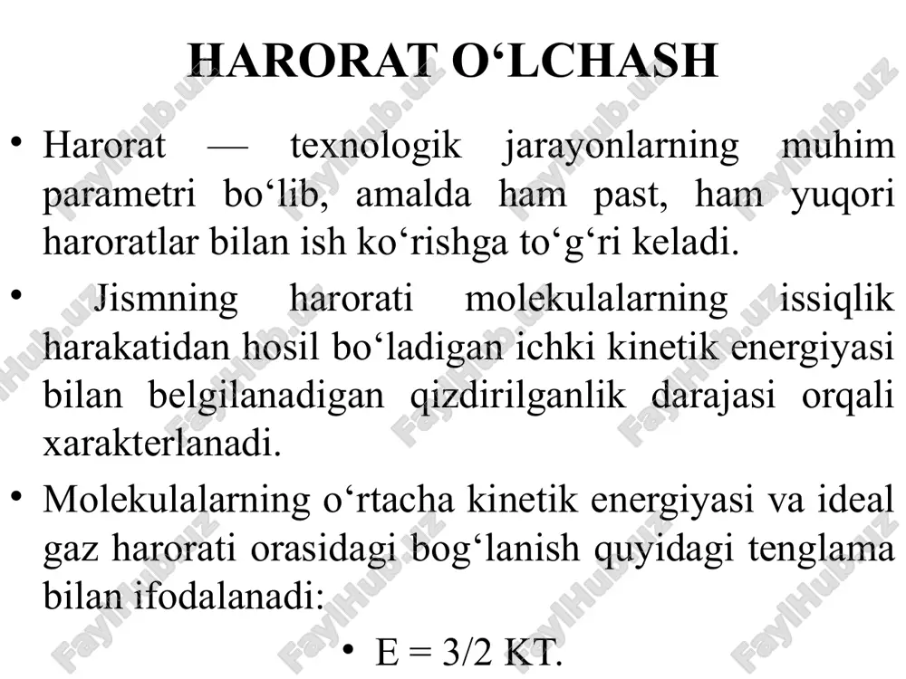 chlik nuqtasidir. bu nuqtaning son qiymati 273,15 k. termodinamik harorat t harfi bilan son qiymatlari esa k bilan ifodalanadi. xalqaro amaliy shkala bo‘yicha o‘lchanadigan harorat t harfi bilan, sonli qiymati esa °c belgisi bilan ifodalanadi. mutlaq termodinamik shkala bo‘yicha ifodalangan harorat bilan shu haroratning xalqaro shkala bo‘yicha ifodasi orasidagi munosabat quyidagi tenglama orqali aniqlanadi: t = t + 273,15 harorat o‘lchash birliklari angliya va aqsh da 1715 yilda taklif qilingan farengeyt shkalasi qo‘llanadi. bu shkalada ikki nuqta: muzning erish nuqtasi (32 °f) va suvning qaynash niqtasi (212 °f) asos qilib olingan. xalqaro amaliy shkala, mutlaq termodinamik shkala va farengeyt shkalasi bo‘yicha hisoblangan harorat munosabati quyidagicha: n — farengeyt shkalasi bo‘yicha graduslar soni. harorat o'lchash asboblari zamonaviy termometriya o'lchashning turli usul va vositalariga ega. har bir usul o'ziga xos bo'lib, universallik xususiyatiga ega emas. berilgan sharoitda optimal o'lchash usuli o'lchashga qo'yilgan aniqlik sharti va o'lchashning davomiyligi sharti, temperaturani qayd qilish va …
