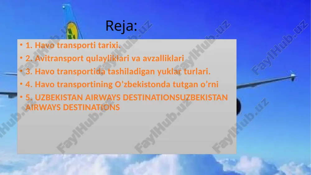 -2, ka-26 vertolyotlari oʻzlashtirildi, mahalliy havo kemalarida an—24, yak—40 samolyotlari qatnay boshladi. ayni vaqtda dalalarga mineral oʻgʻitlar va zararkunanda hasharotlarga qarshi preparatlar sepishda, gʻoʻzani defoliatsiya qilish ishlarida aviatsiyadan keng foydalanildi. qoʻqon (1947), samarqand (1948), qarshi (1955), buxoro (1963) va toshkent yaqinidagi sergeli (1961) da yangi aeroportlar qurildi. 1974 yildan il-62, 1977 yildan tu—154 samolyotlari, 1982 yil dekabrdan il—86 aerobuslari respublika havo yoʻllarida ucha boshladi. 1980 yilga kelib oʻzbekiston havo transporti havo yoʻllarining uzunligi 155 ming km dan ortiq boʻldi (shu jumladan, mahalliy havo yoʻllari uzunligi 60,1 ming kilometrni tashkil etdi). oʻzbekiston respublikasi mustaqillikka eʼlon qilganidan keyin oʻzbekiston respublikasi prezidenti farmoniga muvofiq, 1992 yil 28 yanvarda sobiq ittifoq fuqaro aviatsiyasi vazirligi tasarrufida boʻlgan oʻzbekiston fuqaro aviatsiyasi boshqarmasi negizida "oʻzbekiston havo yoʻllari" milliy aviakompaniyasi tashkil etildi. shuningdek, xalqaro havo qatnovini tashkil qilish rejalashtirilgan edi, bu toshkent - london reysi yordamida amalga oshirildi.ichki parvozlar dastlab rasmiy ravishda aeroflotga tegishli bo'lgan samolyotlarda amalga oshirilgan. …