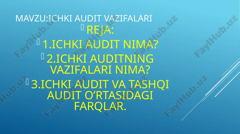 arni tartibga solish dolzarb masala, lekin ayni paytda juda qiyin. bu, birinchi navbatda, buxgalteriya hisobini tashkil etish, yo'qotish xavfini kamaytirish uchun zarurdir. ichki audit xo'jalik operatsiyalarini hujjatlashtirish vaqtida amalga oshiriladi, bu ishdagi xatolarni o'z vaqtida topish va ularning oldini olish uchun zarur choralarni ko'rish imkonini beradi. auditorlik faoliyati to'g'risidagi standartga muvofiq, "ichki audit ishini ko'rib chiqish" ichki audit sifatida korxonada tashkil etilgan, korxona rahbariyati va mulkdorlari manfaatlarini ko'zlab ishlaydigan, ichki standartlar bilan tartibga solinadigan tizim tushuniladi. hisob yuritish, tuzish va hisobot berishning belgilangan tartibiga rioya etilishini hamda ichki nazorat tizimi faoliyatining ishonchliligini nazorat qilish tizimi. 2.ichki auditning vazifalari. ichki nazorat tizimining holatiga qarab, ichki auditning maqsad va vazifalari belgilanadi. asosiy maqsad - tashkilot rahbariyatini kompaniya faoliyati to'g'risida xolis, ishonchli va o'z vaqtida ma'lumot bilan ta'minlash. ichki auditning vazifalari boshqaruv organi va mansabdor shaxslarning huquq va majburiyatlarini amalga oshirishning ajralmas qismi bo'lgan ichki nazorat tizimini tashkil etishdan iborat. 1. ichki audit …