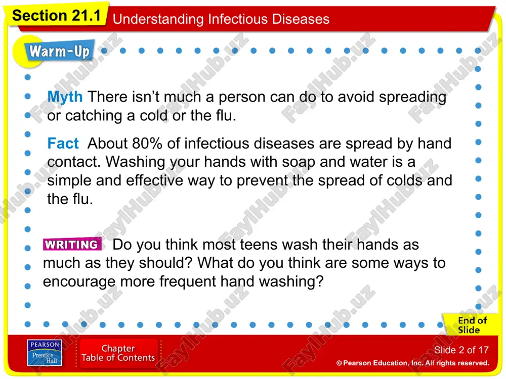x than bacteria are known as protozoans (proh tuh zoh unz). protozoans protozoans have the ability to move through fluids in search of food. section 21.1 understanding infectious diseases some infectious diseases are caused by animals such as mites, lice, and certain worms. other pathogens section 21.1 understanding infectious diseases click above to go online. for: more on infectious diseases section 21.1 understanding infectious diseases pathogens can spread through contact with how pathogens are spread an infected person an infected animal contaminated objects contaminated food contaminated soil contaminated water the pathogens can then enter the body through breaks in the skin or through the moist linings of the eyes, ears, nose, mouth, or other openings. section 21.1 understanding infectious diseases many infectious diseases are spread through some form of contact with a person who has the disease. infected people the contact may be direct physical contact. infectious diseases can also …