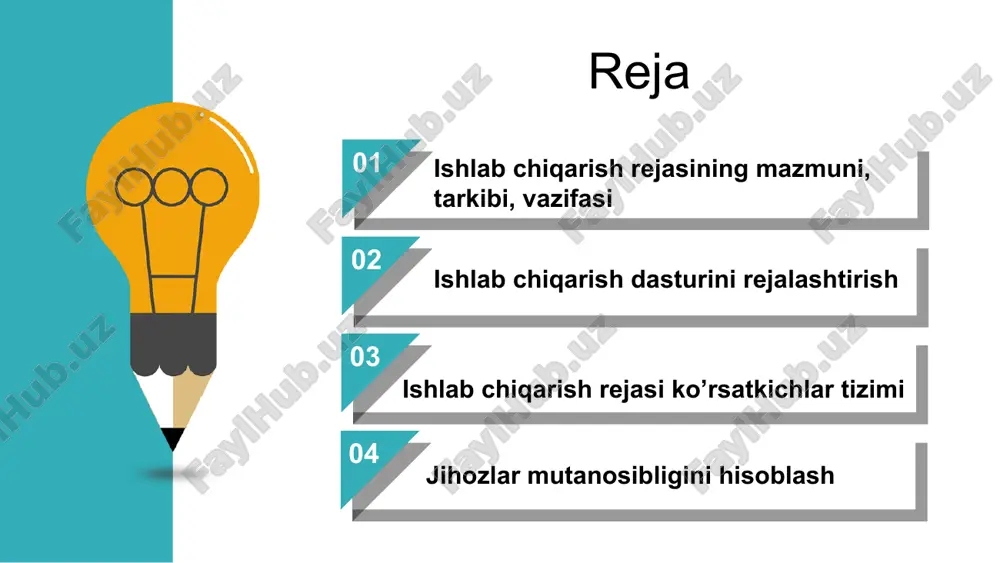 ishlab chiqarish dasturi bir yilga kvartallar va oylar bo’yicha taqsimlangan holda tuziladi. yillik ishlab chiqarish rejasini kvartallarga taqsimlashda quyidagi tomonlarga asoslanadi 2-dars uchun: ishlab chiqarish rejasi ko’rsatkichlar tizimi ishlab chiqarish rejasi ko’rsatkichlar tizimi ishlab chiqarish dasturini rejalashtirishda quyidagi o’lchovlardan foydalaniladi:natural, shartli natural, qiymat va mehnat. natural o’lchovlar bir turdagi mahsulotlar hajmi va o’zgarishini baholash imkonini beradi
