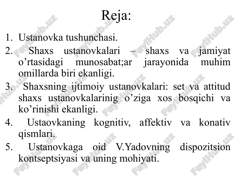 va amerikada” deyilgan asarida keltirishgan. «attitude» ko'pchilik tadqiqotchilar tomonidan quyidagicha tushunilgan: ongning ma’lum bir holati; reaksiyaga tayyorlikni aks ettiruvchi holat; inson tomonidan maxsus tashkil etilgan holat; avvalgi tajribaga asoslanuvchi holat; xulq-atvorga dinamik ta’sir ko'rsatuvchi holat; g.ollport attityudga shaxsning tayyorgalik jarayoni sifatida qaraydi, u xulq-atvorni keltirib chiqaruvchi yakunlangan manba sifatida tushun. u.tomas, f.znanetskiy, g.ollport, m.smit, d.kats va boshqalar attityudni shaxsning guruh a’zosi sifatidagi xulq-atvori mexanizmlarini o'rganuvchi obyekt sifatida qaraganlar e. bogardusning «attityud — bu atrof-muhitdagi ayrim omillarga mos yoki qarama-qarshi harakat qilish an’anasidir», deb tushuntiradi. m.samitga ko’ra(1942y) attityudning uch komponentli strukturasaini attitud kognitiv affektiv konativ kognitiv qism – shaxsdagi attityud obyektiga nisbatan bilimlar yig’indisi bo’lib obyektning shaxs tomonidan anglanishidir. unga shaxsdagi bilimlardan tashqari g‘oyalar, tasavvurlar, prinsiplar va boshqalar. affektiv qismi (emotsional) —obyektni hissiy-emotsional baholash bo‘lib, obyektga nisbatan yoqtirish yoki yoqtirmaslik tarzidagi hissiyotlar kiradi. konativ qism — xulq-atvor bilan bog‘liq qism bo‘lib, unga obyektga nisbatan amalga oshiriladigan xatti-harakatlar, aynan xulq-atvor ko'rinishlari kiradi. …