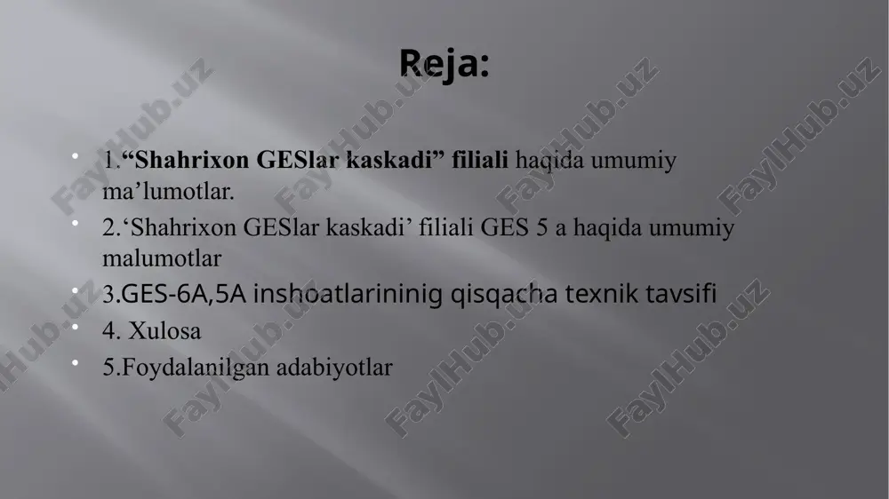 nsiya 5,5 gektar maydonni egallaydi.ishga qabul qilingan sana – 1949 yil.elektr stantsiyasining turi – derivasion.tuzilmalarning kapital sinfi – iii.seysmiklik – 9 ball.o'rnatilgan quvvat – 11,4 mvt.gidroturbina bosimi:maksimal – 35,5 m.taxminiy – 34,5 m.minimal – 33,96 m.ges orqali iste'mol:taxminiy – 44 m3/s.minimal – 10 m3/s.turbinalar orqali oqim tezligi – 20 m3/sbosh suv belgisi:mpu – 563,00 m.fuv – 562,00 m.npu – 561,60 m.birliklar soni – 2 dona. ikki xil turdagi ingliz birliklari:- 1-sonli ro 780/1900 gidravlik turbinali blokning turi.- 2-sonli ro 1170/178 gidravlik turbinali blokning turi.- №1 blokning generator turi vertikal soyabon versiyasi “englishelectric”, ser.no:rg-3252/4.- № 2 blokning generator turi vertikal to‘xtatilgan versiyasi “vickers”, seriya no: 260328/1/51.oraliq tayanchlarda ochiq yotqizishda tayyor perchinli bog‘lamlardan ikkita metall quvur liniyasi. chapipning uzunligi 73,8 m, o‘ng ipning uzunligi 69,0 m. diametri – 3,2 m. ges-6a inshoatlarininig qisqacha texnik tavsifi ges-6a shahrixonsoy kanalida joylashgan bo‘lib, kaskadning birinchi bosqichi va tayanch stansiyasi hisoblanadi. stansiya 2,2 gektar maydonni egallaydi. …