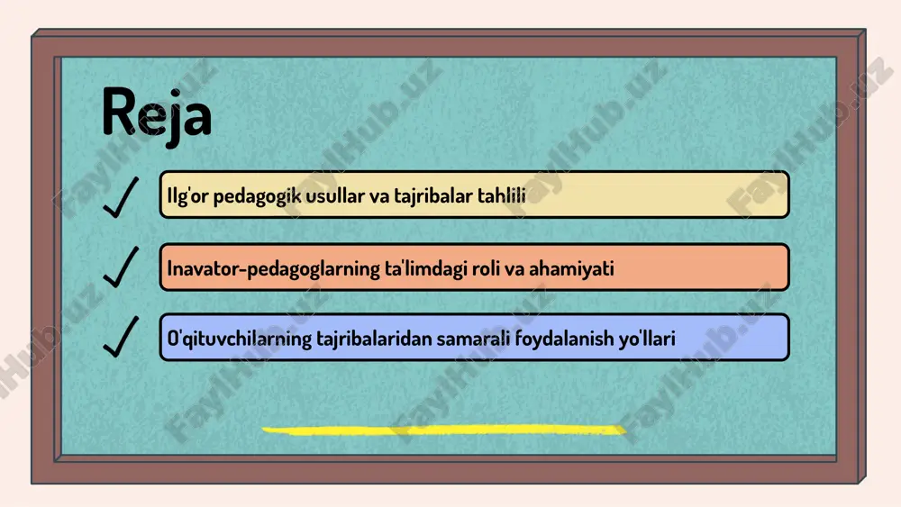 asi va o'zlashtirish ko'rsatkichlari ancha oshdi. ushbu metodlar o'quv jarayonini qiziqarli va interaktiv qilish orqali o'quvchilarning faol ishtirokini ta'minlaydi. o'quvchilarning o'qishdagi motivatsiyasi yuqori bo'lib, bu ularning akademik natijalariga ijobiy ta'sir ko'rsatmoqda. motivatsiya o'quvchilarga o'z bilimlarini amaliyotda qo'llash imkoniyatini beradi, bu ularning o'z-o'zini baholashini va o'z ustida ishlashlarini rag'batlantiradi. kelajakda ilg'or usullarni rivojlantirish istiqbollari juda kengdir. pedagogika sohasidagi yangi texnologiyalar va innovatsiyalar, o'qituvchilarni muntazam ravishda yangilanishlar bilan tanishtirish orqali, ushbu usullarni yanada samarali qo'llash imkoniyatlarini beradi. inavator-pedagoglarning o'ziga xos xususiyatlari inavator-pedagoglar, ta'lim jarayonida yangi g'oyalarni joriy etuvchi va o'z ishida kreativ yondashuvni qo'llaydigan mutaxassislardir. ular ta'limni yanada samarali qilish maqsadida doimiy ravishda yangi usullar va texnologiyalarni o'rganadilar. 1. ijodkorlik: ular darslarni qiziqarli va innovatsion tarzda o'tkazish uchun yangi g'oyalarni ishlab chiqadilar. 2. yangilikka ochiqlik: inavator-pedagoglar yangi texnologiyalarni o'rganishga va ulardan foydalanishga tayyor. 3. texnologiyalarga moslashuv: ular zamonaviy texnologiyalarni ta'lim jarayonida qo'llab, ta'limni yanada samarali qilishadi. ushbu xususiyatlar orqali inavator-pedagoglar ta'lim jarayonini …