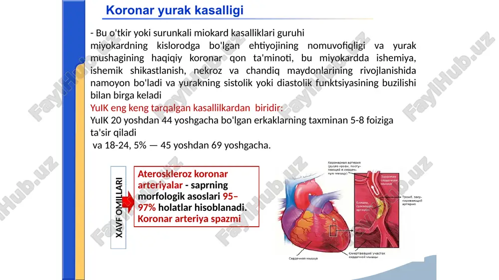 2.3. spontan (vazospastik, variant, prinzmetal) stenokardiya. 3. miyokard infarkti. 3.1. q tishchali miokard infarkti ( o’chog’i katta , transmural). 3.2. q tishsiz miokard infarkti (o’chog’i kichik ). 4. miyokardning og'riqsiz ishemiyasi. 5. mikrovaskulyar stenokardiya (x sindromi, klinika mavjud, katta ka ning shikastlanishi yo'q). 6. infarktdan keyingi kardioskleroz. 7. yurak etishmovchiligi (shakli va bosqichini ko'rsatgan holda). 8. yurak ritmi va o'tkazuvchanligining buzilishi (shakli ko'rsatilgan). stenokardiya stenokardiya , ko'p hollarda jismoniy zo'riqishdan keyin paydo bo'ladigan sternum orqasidagi og'riq hujumlari bilan tavsiflanadi. etiologik omillar: koronar arteriyalarning aterosklerozi koronar tomirlarning spazmi, aortal gipertenziya aorta klapan stenozi aorta qopqog'i etishmovchiligi gipertrofik kardiyomiyopatiya revmatik vaskulit periarterit tugunlari sifilitik aortit obliteratsiya qiluvchi endarterit birlamchi o'pka arterial gipertenziyasi koronar yurak kasalligi klassifikatsiyasi : stabil stenokardiya i -sezilarli jismoniy mashqlar bilan og'riq sindromining paydo bo'lishi ii -o'rtacha jismoniy mashqlar paytida og'riq sindromining paydo bo'lishi (tekis joyda 500 metrdan ko'proq yurish va boshqalar, zinapoyadan bir qavatdan ko'proq ko'tarilish va boshqalar). …