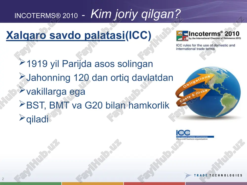 zish termini deq bilan birga qo’llaniladi. * incoterms 2010 sotuvchi va sotib oluvchi majburiyati, narxlar yuzasidan atamalarni to’rt guruhga bo’ldi: e guruh-jo’natish bo’yicha terminlar-exw. ex works (ukazannoe mesto): tovar so sklada prodavtsa f guruh –puli to’lanmagan holda yetkazib berish bo’yicha terminlar-fob. free on board (ukazan port pogruzki): tovar pogrujaetsya na korabl zakazchika. c guruh-puli to’langan holda yetkazib berish bo’yicha terminlar-cif. cost, insurance and freight (ukazan port naznacheniya): tovar straxuetsya i dostavlyaetsya do porta zakazchika (bez vigruzki). d guruh-yetkazib berish bo’yicha terminlar-dap (delivered at place): postavka v meste naznacheniya * xalqaro miqyosda tovar yetkazib berish bosqichi: asosiy xalqaro transport 4 kirish yo’lagi bojxona nazorati so’nggi transport mahsulotga ega bo’lish joylanadi yuklanadi dastlabki tashish export uchun bojxona nazorati chiquvchi yo’lak sug’urta 1 2 3 5 6 7 8 9 10 11 e’tiboringiz uchun raxmat!!!