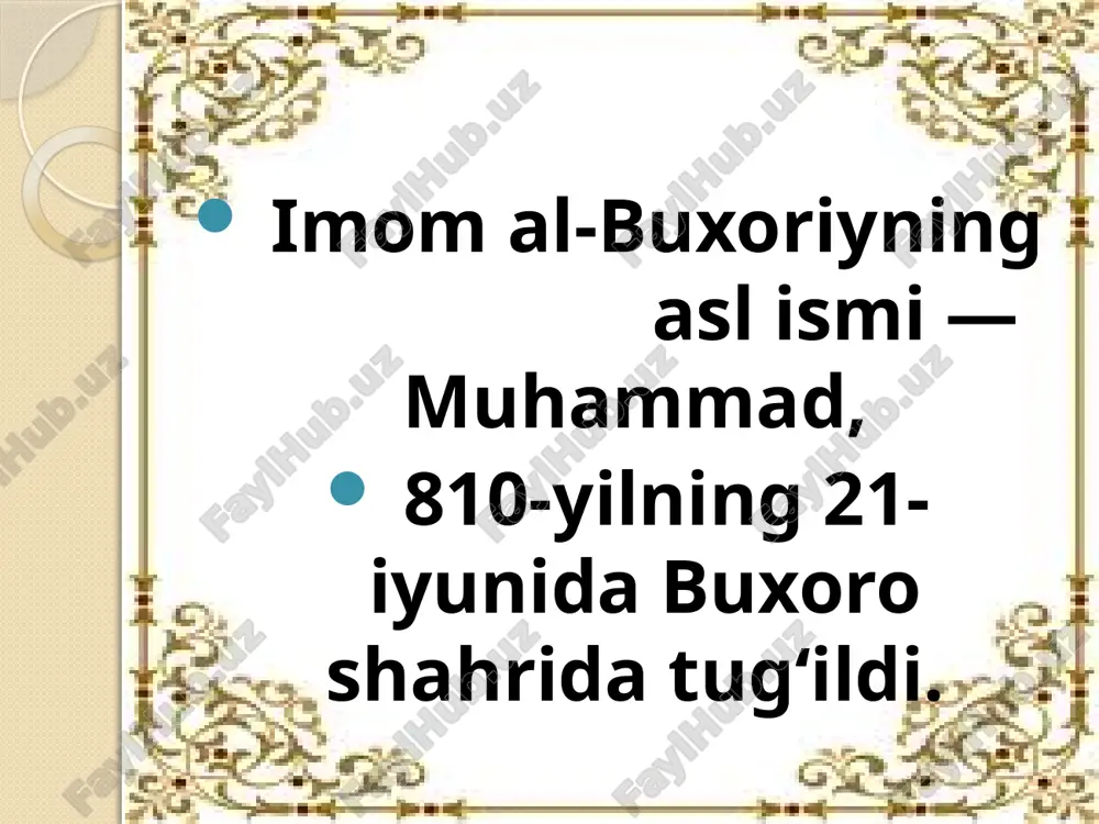 sadaqa berib turmoq. yaxshi muomala qilinmog‘iga kim haqliroq? abu hurayra rivoyat qiladilar: «bir odam rasululloh sollallohu alayhi vasallamning huzurlariga kelib: «yo rasululloh, mening yaxshi muomala qilmog‘imga kim haqliroqdir?» - deb so‘radi. janob rasululloh: «onang!» — deb aytdilar. u: «yana kim?» — deb so‘radi. janob rasululloh: «onang!» — dedilar. u: «yana kim?» - dedi. janob rasululloh: «onang!» — dedilar. u: «yana kim?» — deb so‘radi. janob rasululloh (bu safar): «otang!» — deb javob qildilar». bilimingizni sinang! jadvalning chap tarafidagi so`z va raqamlarni o`ng tomondagi katakka izohlab yozing savollarga javob bering. 1. “muhaddis” so’zining ma’nosi? 2. qur’oni karimdan keyingi eng muhim qo’llanma? 3. “sahih va nosahih” so’zlarining ma’nosi? 4. hadislar kimning so’zlari va kimlardan yig’ilgan? 5. roviylar deb kimlar aytilgan? 6. sahobalar kimlar? 7. tobeinlar kimlar 8. hadislar necha qismdan iborat bo’lgan? 9. sanad nima? 10. matn nima? audio1.wav image2.jpeg image3.jpeg image4.jpeg image5.jpeg image6.jpeg image7.jpeg image8.jpeg image9.jpeg image10.jpeg image11.jpeg image12.jpeg image13.png image14.jpeg …