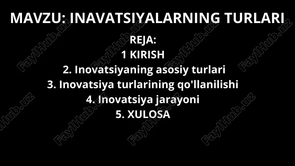 ishni, xizmatlarni va jarayonlarni raqamlashtirish imkonini beradi. 1.7.2013 3 ‹#› tashkiliy inavatsiyalar tashkiliy tuzilma tashkiliy innovatsiyalar kompaniyalarning tashkiliy tuzilmasi, boshqaruv tizimini va jarayonlarini o'zgartirish orqali ro'y beradi. ijro mexanizmlari tashkiliy innovatsiyalar orqali kompaniyalar o'z ishining ijro mexanizmlarini yaxshilashi mumkin. korporativ madaniyat tashkiliy innovatsiyalar kompaniyaning korporativ madaniyatini o'zgartirish orqali samaradorlikni oshirishi mumkin. 1.7.2013 4 ‹#› mahsulotlar va xizmatlar inavatsiyalari yangi imkoniyatlar mahsulot va xizmat innovatsiyalari yangi yechimlarni taklif etish orqali yangi imkoniyatlarni yaratadi. mijoz ehtiyojlari bu innovatsiyalar mijozlarning o'zgarib borayotgan ehtiyojlariga javob berishga qaratilgan. raqobatbardoshlik mahsulot va xizmat innovatsiyalari kompaniyalarning raqobatbardoshligini oshiradi. 1.7.2013 5 ‹#› jarayon inavatsiyalari unumdorlik jarayon innovatsiyalari kompaniyalarning ishlab chiqarish jarayonlarini yaxshilab, unumdorlikni oshiradi. resurslarni tejash bu innovatsiyalar resurslardan (xomashyo, energiya, vaqt va h.k.) samarali foydalanishni ta'minlaydi. sifat yaxshilash jarayon innovatsiyalari mahsulot va xizmatlarning sifatini yaxshilaydi. 1.7.2013 6 ‹#› omuhta inavatsiyalar 1 turli elementlarni integratsiya qilish omuhta innovatsiyalar turli xil elementlarni (texnologiya, mahsulot, jarayon va h.k.) birlashtirib, yangi …