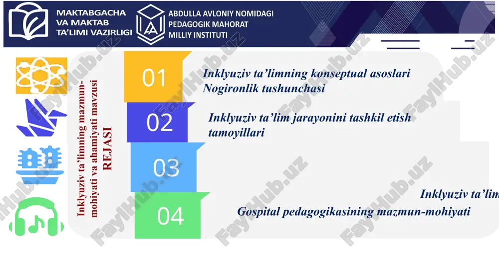 i b barcha bolalar uchun sifatli va teng ta’lim turi d ijtimoiy integratsiya e ijtimoiy integratsiya f nogironlik tushunchasi nogironlik, invalidlik — kasallik, shikastlanish, mayib-majruhlik, baxtsiz hodisalar tufayli butunlay yoki maʼlum muddat mehnat qobiliyatini yoʻqotishdir. jismoniy yoki aqliy nuqsonlari borligi sababli ijtimoiy yordam va himoyaga muhtoj shaxs nogiron hisoblanadi. oʻzbekistonda nogironlik tibbiy mehnat ekspertiza komissiyasi (tmek) tomonidan belgilanadi. nogironligiga mehnat qobiliyati sezilarli darajada pasaygan shaxslar 3 nogironiga mehnat qobiliyatini butunlay yoʻqotgan, lekin boshqalarning doimiy parvarishiga muhtoj boʻlmagan, shuningdek, mehnat turidan qatʼiy nazar, unda uzoq muddat ishlay olmaydigan shaxslar nogironligiga mehnat qobiliyatini butunlay yoʻqotgan va boshqaning doimiy parvarishi, yordami, nazoratiga muhtoj boʻlgan shaxslar 1 2 nogironlik mehnat qobiliyatini yoʻqotish darajasiga qarab 3 guruhga boʻlinib, vaqtincha (6-12 oy) yoki muddatsiz qilib tayinlanadi. o‘ylab ko‘ring maktabingizda nogironligi bor bolalar bormi va ular qanday qiyinchiliklarga duch kelishlari mumkin? fikr yuritishingizni so‘rayman 1-amaliy topshiriq guruh qatnashuvchilari 5 ta guruhga bo‘linadi. har bir guruhga 1 ta …
