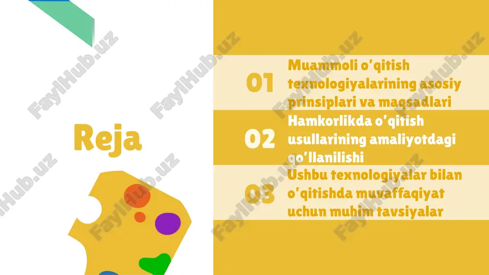muammoli o’qitish texnologiyalari o’qituvchilar va o’quvchilar uchun motivatsiya va faol ishtirokni oshirish imkonini beradi, bu esa ta’lim samaradorligini sezilarli darajada yaxshilaydi. hamkorlikda o’qitish usullari hamkorlikda o’qitish usullari talaba va o’qituvchilar o’rtasida faol hamkorlikni talab qiladi. bu usullar muvofiqlashtirilgan va interaktiv yondashuvlarni qo’llashga asoslanadi. maqsad – mustaqil fikrlashni rivojlantirish. hamkorlikni rivojlantirish uchun aniq maqsadlar, faol ishtirok va fikr almashish, muammo yechish tamoyillari muhim. bu o’quvchilarning qiziqishini oshiradi va mustaqil fikrlashni rivojlantiradi. o’qituvchilar va o’quvchilar o’rtasidagi hamkorlik motivatsiya, samaradorlik va muammolarni hal qilishda yordam beradi. bu usul nafaqat akademik, balki ijtimoiy rivojlanishga ham xizmat qiladi. 1. 2. 3. amaliyotda hamkorlikda o’qitish hamkorlikda o’qitish usullari amaliyotda sinfxonalar, onlayn platformalar va loyiha asosidagi ta'limda keng qo’llaniladi. guruh ishlari, muammoli vazifalar va interaktiv seminarlar orqali talaba va o’qituvchi o’rtasida hamfikrlik rivojlanadi. muvaffaqiyatli hamkorlik uchun ochiq muloqot, vazifalarni aniq belgilash va baholash mezonlarini muhokama qilish muhim. loyihalarda talaba va o’qituvchi muammo yechimlarini ishlab chiqib, baholashda hamkorlik …
