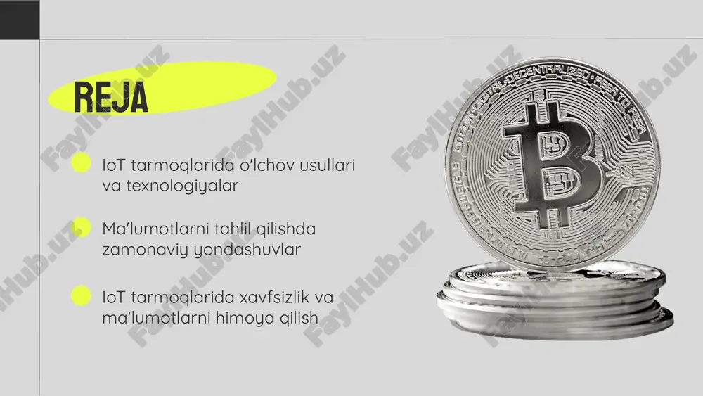 na foydalanishni ta'minlaydi. o'lchov texnologiyalarining afzalliklari, shuningdek, real vaqt rejimida monitoring qilish va nazorat qilish imkoniyatini beradi, bu esa qaror qabul qilish jarayonlarini tezlashtiradi. ushbu slaydda o'lchov texnologiyalarining turlari, ularning qo'llanilish joylari va afzalliklari batafsil ko'rib chiqiladi. photo by thisisengineering on unsplash yuqori aniqlik moliya yetishmasligi xalqaro hamkorlik raqobatning kuchayishi iot tarmoqlarida o'lchov usullari yuqori aniqlikni ta'minlaydi, bu esa ma'lumotlarning ishonchliligini oshiradi. ta'lim tizimida moliyaviy resurslarning etishmasligi yangi texnologiyalarni qo'llashda cheklovlar yaratmoqda. xalqaro tadqiqot tashkilotlari bilan hamkorlikda o'lchov usullarini rivojlantirish imkoniyati mavjud. o'zbekiston ta'lim tizimiga bo'lgan raqobat kuchaymoqda, bu esa yangi innovatsiyalarni qabul qilishda qiyinchiliklar tug'diradi. s w o t zamonaviy tahlil usullari zamonaviy tahlil usullari, ma'lumotlarni yig'ish, saqlash va tahlil qilish jarayonlarini osonlashtiradi, bu esa iot tizimlarida samaradorlikni oshiradi. ushbu usullar yordamida katta ma'lumotlarni qayta ishlash va ulardan foydali ma'lumotlarni olish mumkin. zamonaviy tahlil usullarining mohiyati zamonaviy tahlil usullari real vaqt rejimida ma'lumotlarni tahlil qilish imkonini beradi, bu esa …