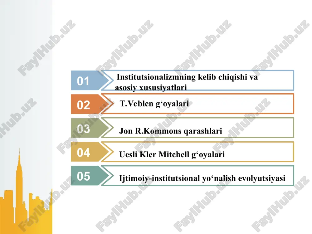 liq ravishda ro‘y berdi (sanoat va moliya monopoliyalari, korxonalarning yiriklashuvi va boshqalar), chunki bu davr rivojlanishini erkin raqobatga asoslangan avvalgi davr ta‘limotlari bilan izohlash mumkin bo‘lmay qoldi. institutsionalizm ma‘lum ma’noda neoklassik yo‘nalishga muxolifdir. neoklassiklar bozor iqtisodiyotini o‘zini-o‘zi boshqara oladigan (a.smit fikri) sistema, deb qarasalar(sof iqtisodiyot fani), institutsionalizm tarafdorlari iqtisodiyot rivojlinishining harakatlantiruvchi kuchlari moddiy omillar bilan birga tarixiy kontekstda qaraladigan ma’naviy, axloqiy, huquqiy va boshqa omillarga ham bog‘liqdir, deb o‘ylaydilar o'zbekiston respublikasi qurilish vazirligi qoshidagi “qurilishda texnik me'yorlash” markazi tarixiy va ijtimoiy muhit omillarining hisobga olinishi tarixiy maktab bilan yaqinlikni anglatsa ham, ammo to‘la yakdillik yo‘q. yangi yo‘nalish neoklassiklarning marjinalizm g‘oyalariga asoslangan matematik va ekonometrik prinsiplarini keng qo‘llaydilar institutsionalizmga xos bo‘lgan uslubiy xususiyatlar quyidagilardan iborat: iqtisodiy nazariyani boshqa ijtimoiy fanlar bilan integratsiyasiga intilish yoki fanlararo yondashuv ustuvorligiga ishonch; neoklassikaga xos abstraksiyaning yuqori darajasi va ayniqsa, baho nazariyasining ortodoksal statik xarakteridan qoniqmaslik; klassik va neoklassik nazariyalarda empirizm (tajribaga suyanish) yetishmasligidan norozilik, chuqur …