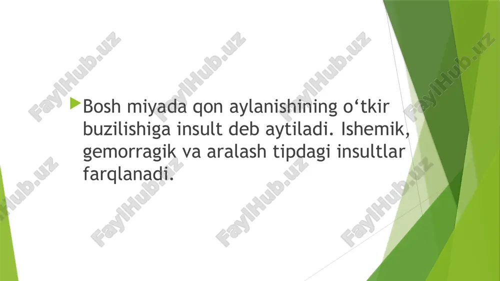 ing katta qismini qon bilan ta’minlovchi eng katta arteriyadir. ushbu arteriya ham bir nechta tarmoqlarga bo‘linadi. a. cerebri media ning asosiy tarmoqlari: 1)chuqur tarmoqlar – a. putameno-capsulo-caudata, a. len- ticulo-striata (a. haemorragica). bular arteriyaning bosh- lang‘ich qismidan ajralib chiqishadi va po‘stlog‘osti tuzil- malari hamda ichki kapsulaning katta qismini qon bilan ta’minlashadi. 2)po‘stloq tarmoqlari – bular oldingi chakka, ko‘z-peshona, presentral, markaziy, oldingi parietal, orqa parietal, orqa chakka va burchak arteriyalari. a. cerebri media ning boshlang‘ich qismi zararlanishi. ushbu arteriyaning yuzaki va chuqur tarmoqlarga ajralishidan oldingi qismi zararlansa, bosh miya parenximasining katta qismida ishemik insult ro‘y beradi. qarama-qarshi tomonda gemiplegiya (gemiparez), gemigi- pesteziya va gemianopsiya rivojlanadi. a.cerebri media zararlanganda eng ko‘p uchraydigan bu sindrom «uch gemi» sindromi nomini olgan. agar a.cerebri media sin. zararlansa, ushbu sindrom afaziyalar bilan, a.cerebri media dex. zararlansa, anozognoziya va autotopognoziyalar bilan namoyon bo‘ladi miyaning orqa arteriyasi yuzaki tarmoqlari zararlansa, bosh mi- yaning ensa sohasi, uchinchi va qisman …