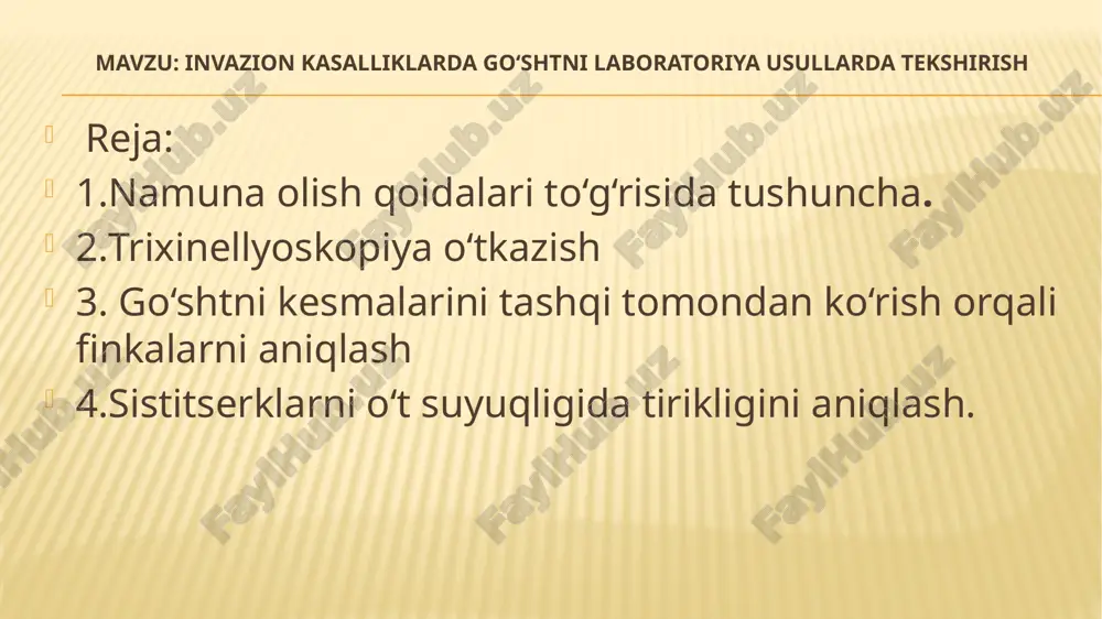 barmoq ichakka o’tadi. lichinka o’n ikki barmoqli ichakka o’tgandan 2 kundan keyin yetilgan formaga aylanadi. trixinellalar bir jinsli bo’lib, urg’ochisini uzunligi 3-4 mm, erkaginiki 1,5-1.9 mm. urg’ochisi urug’langandan so’ng 6-7 kundan so’ng tirik lichinka tug’a boshlaydi. trixinellalar o’z rivojlanish davrida o’zidan turli zaxarlar ajratishi natijasida ular joylashgan muskul tolalari tuzilishi buzilib tugunchalar hosil bo’ladi. muskul tolalarida zaxarli moddalarni yig’ilishi va bu moddalarni go’shtga termik ishlov berilganda ham o’zgarmasdan qolishligi , go’sht maxsulotini odamlar uchun zaxarli bo’lishliligiga sabab bo’ladi. tirixinellalar silliq muskul va yurak muskuli hamda parenximatoz organlarida rivojlana olmaydi. muskul tolasi sarkolemmasi ostida joylashgandan so’ng, lichinkalar spiralsimon buralgan parazitga aylanadi va 3-9 xafta ichida kapsula bilan o’raladi. kapsula limon, shisha, ovalsimon va yumoloq shakilda bo’lib, ichki bo’shlig’i tiniq suyuqlik bilan to’lgan, ichida 1-3 tagacha parazit sipiralsimon xolda joylashgan bo’ladi. kattaroq kapsulalarni ichki diametri 0.2 mm gacha bo’ladi. shuning uchun muskul tolasini ingichka kesmasini mikraskop ostida 50-75 marta kattalashtirilganda trixinellalar yaxshi …