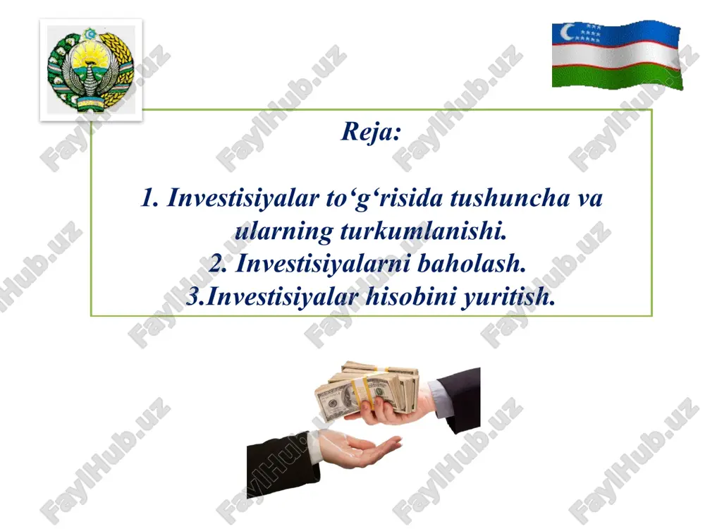 isida tushuncha va ularning turkumlanishi investitsiya turlari moliyaviy investitsiyalar — xo‘jalik sub'ekti tasarrufidagi (foiz, royalti, dividend va ijara haqi shaklida) daromad olishga mo‘ljallangan, investisiya qilingan kapital qiymatining ortishi yoki investisiya qiluvchi kompaniyaning boshqa naf olish uchun foydalanadigan aktivlar qisqa muddatli (joriy) investitsiyalar - muomalada bo‘lish muddati 12 oydan oshmaydigan oson realizasiya qilinadigan investitsiyalar 1. investitsiyalar to‘g‘risida tushuncha va ularning turkumlanishi investisiya turlari uzoq muddatli investisiyalar — qisqa muddatli (joriy) investisiyadan tashqari barcha investisiyalar ko‘chmas mulkka investisiya — investisiya qiluvchi sub'ektning yoki investisiya qiluvchi sub'ekt guruhiga kiruvchi boshqa sub'ektning ishlab chiqarish faoliyati davomida foydalanilmaydigan yer maydonlariga yoki imoratlarga investisiyalar 1. investisiyalar to‘g‘risida tushuncha va ularning turkumlanishi 2. buxgalteriya hisobi schyotlari va uning tuzilishi moliyaviy investisiyalarni baholash moliyaviy investisiyalarni xarid qilishda sotib olish qiymati bo‘yicha baholanadi va bu qiymatga brokerlar xizmati uchun to‘langan haq, bank xizmati uchun to‘lovlar, bojlar va boshqa xarajatlar kiritiladi 2. investisiyalarni baholash va ular hisobini yuritish baholash: agar …