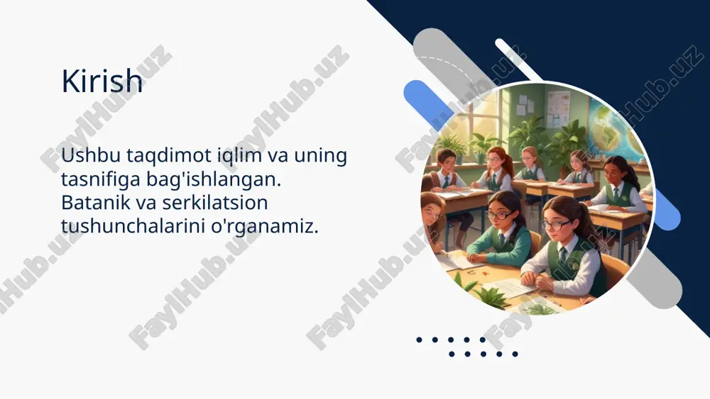 ni o'z ichiga oladi. ushbu turlarga atmosfera serkilatsionlari, tabiiy serkilatsion jarayonlar va inson faoliyati bilan bog'liq serkilatsion turkumi kiradi. xulosa iqlimning batanik va serkilatsion tasnifi iqlim o'zgarishining murakkab jarayonlari va ularning tabiatga ta'sirini tushunishga yordam beradi. bu tushunchalar, o'simliklarning davomiyligini, moslashuvini va ularning ekotizimdagi rolini aniqlashda muhimdir. image1.png image2.png image3.png image4.png image5.png image6.png