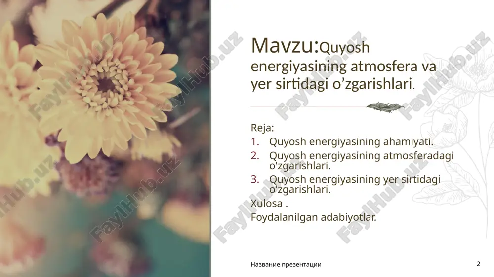 ilgan. tijoriy konsentrlangan quyosh elektr stansiyalari birinchi marta 1980-yillarda ishlab chiqilgan. oʻshandan beri quyosh elektr energiyasining narxi pasayganligi sababli, tarmoqqa ulangan quyosh (pv) tizimlari koʻproq yoki kamroq eksponent ravishda oʻsdi. millionlab qurilmalar va gigavatt hajmdagi fotoelektr stansiyalar qurilishi davom etmoqda, yangi ishlab chiqarish quvvatlarining yarmi 2021-yilda quyosh energiyasidir. [2] zagolovok prezentatsii 5 1860-yillarda boshlangan quyosh texnologiyalarining dastlabki rivojlanishi koʻmirning tez orada taqchil boʻlishini kutish bilan bogʻliq edi. charlz fritts 1884-yilda nyu-york tomiga 1% samarali selenli hujayralardan foydalangan holda dunyodagi birinchi fotovoltaik quyosh massivini oʻrnatdi.[4] biroq, quyosh texnologiyalarining rivojlanishi 20-yillarning boshlarida toʻxtab qoldi. quyosh panellari boʻlgan birinchi sunʼiy yoʻldosh 1957-yilda uchirilgan quyosh energiyasining juda kichik bir qismi konsentrlangan quyosh energiyasidir. konsentrlangan quyosh energiyasi gaz bilan ishlaydigan quvvatga qaraganda koʻproq suv ishlatishi mumkin. bu muammo boʻlishi mumkin, chunki quyosh energiyasining bunday turi kuchli quyosh nuriga muhtoj, shuning uchun koʻpincha choʻllarda quriladi..[ zagolovok prezentatsii 6 quyosh energiyasining o'zgarishi quyosh energiyasining o'zgarishi (quyosh o'zgarishi) …
