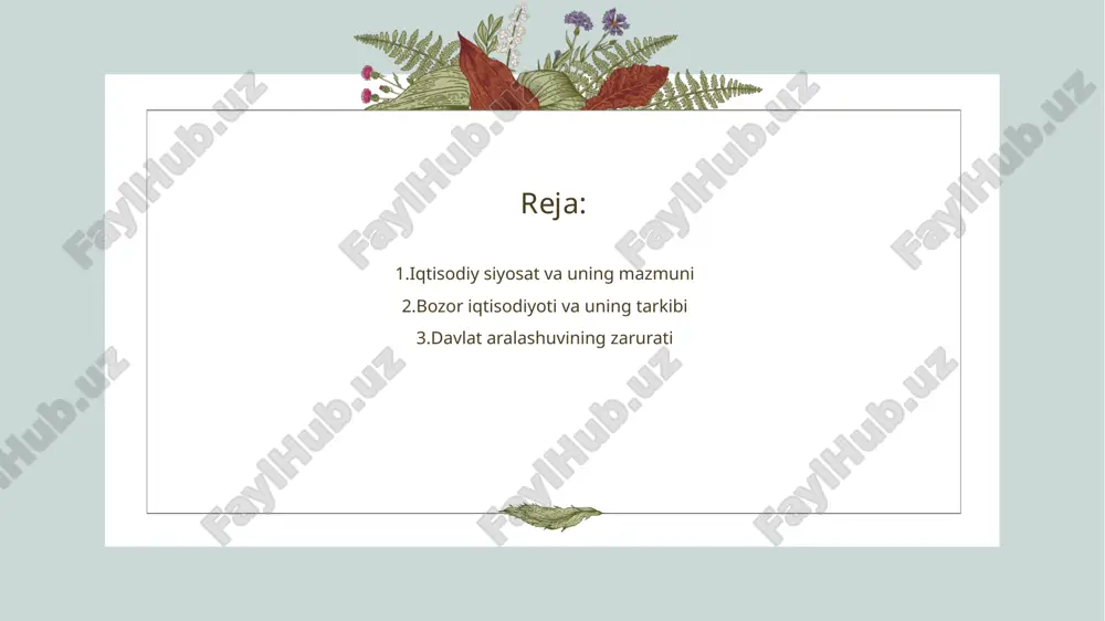 ozor iqtisodiyoti - bu resurslarni samarali taqsimlash va ishlab chiqarishni rag'batlantirishga asoslangan tizimdir. bunda talab va taklif o'zaro muvozanatga keltiriladi. odamlar, tashkilotlar va davlatlar iqtisodiy faoliyatda ishtirok etib, ularning o'zaro bog'lanishlari va raqobati orqali qiymat yaratiladi. • bozorning tuzilishi va elementlari - bozor iqtisodiyotining tuzilishi bir necha asosiy elementlardan iborat: iste'molchilar, ishlab chiqaruvchilar, tovarlar va xizmatlar. ular bir-biri bilan o'zaro aloqada bo'lib, iqtisodiy resurslar taklifi va talabini shakllantiradi. bu elementlar o'rtasidagi bog'lanish qo'shimcha qiymat yaratish imkoniyatini ta'minlaydi. davlat aralashuvining zarurati • ijtimoiy va iqtisodiy barqarorlikni ta'minlash - davlat aralashuvi iqtisodiy tizimdagi ijtimoiy va iqtisodiy barqarorlikni ta'minlashda muhim rol o'ynaydi. u makroiqtisodiy barqarorlikni saqlash, inflyatsiyani nazorat qilish va ishchilarni ijtimoiy himoya qilish uchun zarurdir. bu jarayon davlatning ijtimoiy siyosati orqali amalga oshiriladi, bu orqali aholi farovonligini oshirishga xizmat qiladi. • bozor kamchiliklarini bartaraf etish - bozor mexanizmi o'ziga xos kamchiliklarga ega bo'lib, davlat aralashuvi bu kamchiliklarni bartaraf etishga yordam beradi. masalan, …