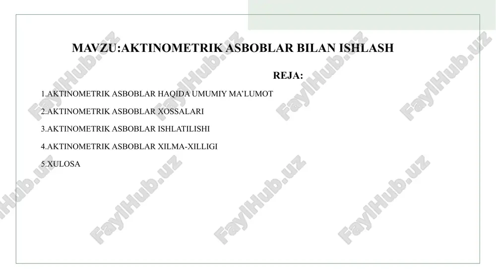 . energetika: quyosh energiyasidan foydalanish samaradorligini oshirish uchun quyosh radiatsiyasi to'g'risida ma'lumotlar zarur. qishloq xo'jaligi: quyosh radiatsiyasi o'simliklarning o'sishi va rivojlanishiga ta'sir qiladi. ekologiya: quyosh radiatsiyasi ekosistemalarga ta'sir qilishi mumkin. aktinometrik asboblar bilan ishlashda quyidagi qoidalarga rioya qilish kerak: asboblar toza va soz holatda bo'lishi kerak. o'lchashlar aniq va ishonchli bo'lishi uchun asboblarni to'g'ri o'rnatish va ishlatish kerak. 4 ularning xossalari quyidagicha bo'lishi mumkin: asosiy xususiyatlar: sezuvchanlik: asbob radiatsiyaning kichik o'zgarishlarini sezishi kerak. aniqlik: o'lchash natijalari iloji boricha aniq bo'lishi kerak. barqarorlik: asbob vaqt o'tishi bilan o'z ko'rsatkichlarini o'zgartirmasligi kerak. chidamlilik: asbob tashqi ta'sirlarga (harorat, namlik, vibratsiya va boshqalar) chidamli bo'lishi kerak. ishonchlilik: asbob uzoq vaqt davomida ishonchli ishlashi kerak. qo'shimcha xususiyatlar: spektral sezuvchanlik: asbob radiatsiyaning turli to'lqin uzunliklariga sezgir bo'lishi mumkin. yo'nalish sezuvchanligi: asbob radiatsiyaning turli yo'nalishlaridan kelishiga sezgir bo'lishi mumkin. o'lchash diapazoni: asbob radiatsiyaning keng diapazonini o'lchashga qodir bo'lishi kerak. o'lchash tezligi: asbob radiatsiyaning tez o'zgarishlarini qayd etishga …