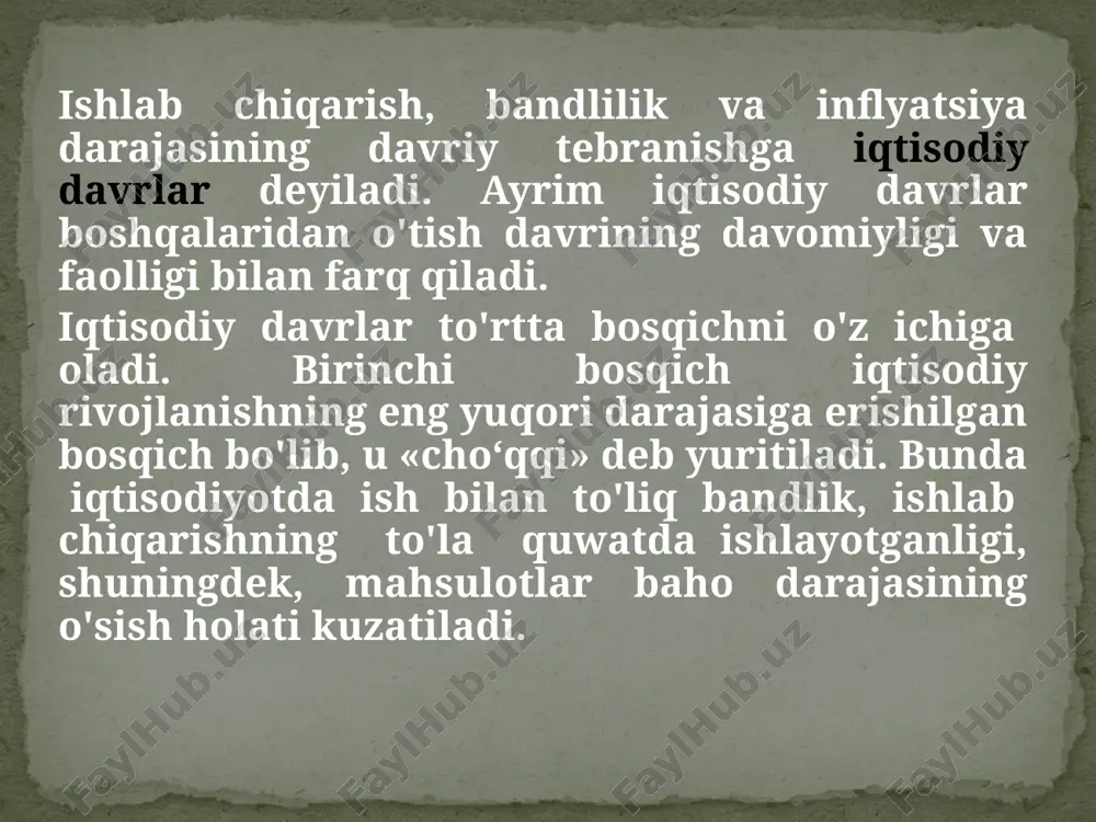 vojlanishiga sabab bo'ldi. yangi texnologiyalar ishlab chiqarish unumdorligini bir necha baravar oshirish esa, ilgari foydalanilmagan resurslami ishga tushirish imkonini beradi. ammo texnik va texnologik yangiliklaming doim ham yaratilavermasligi iqtisodiyotdagi tebranishlarga sabab bo'ladi. olimlarning yana bir guruhi iqtisodiy bosqichlarni siyosiy va tasodifiy vaziyatlarga bog'lashadi. bu jarayonni monetar siyosatga bog'laydigan olimlar ham mavjud. ya’ni, davlat qanchalik ko'p pul bosib chiqarsa, uning qadri shunchalik kamayib boradi, va aksincha, pul miqdori qanchalik kam bo'lsa, ishlab chiqarish ko 'lamining pasayishi va ishsizlar sonining ortishi shunchalik tezlashadi. iqtisodiy tebranishlar sabablarini, ularga ta’sir etuvchi omillarni o'rganish, iqtisodiy tebranishlar amplitudasini qisqartirish barcha hukumatlar makroiqtisodiy siyosatining muhim maqsadlaridan biridir. yalmni yaratishda qatnashadigan iqtisodiy resurslaming eng asosiylaridan biri bo'lmish mehnat resurslaridan to'liq foydalanilmaslik ishsizlik ko'rinishida namoyon bo'ladi. makroiqisodiy tahlilda mehnat resurslari emas, balki ishchi kuchi kategoriyasidan ko'proq foydalaniladi. ishchi kuchi yoki iqtisodiy faol aholi deganda mehnatga layoqatli yoshdagi ishlayotgan va ishsiz yurgan aholining umumiy soni tushuniladi. mehnat bozorida ham boshqa …