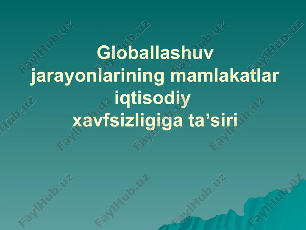 g mavjudligiga xavf solmagan. global muammolar xx asr mahsulidir va ularning paydo bo‘lishi inson faoliyati bilan bog‘liq. 9 ayrim global muammolar, ularning tavsifi va yechimi haqida global muammolarning soni taxminan o‘ntadan qiriq-elliktagacha boradi. lekin shularning ichida asosiy, eng muhim integral muammolarning soni o‘ntadan oshmaydi. ular qiyidagilardan iborat: rivojlanayotgan mamlakatlarni qoloqlikdan chiqarish muammosi tinchlik va qurolsizlanish, yaʼni jaxon urushining oldini olish muammosi ekologik muammo suvdan foydalanish va energetika muammosi xomashyo muammosi oziq-ovqat muammosi dunyo okeanidan foydalanish muammosi koinotdan tinch maqsadlarda foydalanish muammosi globallashuv – baynalmilallashuvning eng yangi bosqichi - xalqaro savdo va investitsiya hajmlarining o‘sishi; - jahon moliya bozorlari va ishchi kuchi bozorlarining misli ko‘rilmagan tarzdagi diversifikatsiyasi; - jahon xo‘jalik aloqalarida transmilliy korporatsiyalar rolining oshishi; - global raqobatning keskinlashuvi. globallashuv sharoitida vaqt omili iqtisodiy va ijtimoiy taraqqiyotni harakatlantiradigan qudratli kuchga aylanadi. axborot almashinuvi, moliya va tovarlar oqimi jadallashadi, yangiliklar keng tarqaladi. ishlab chiqarish va ayirboshlash omili sifatida vaqtning qisqarishi, tovarlarning o‘ziga …