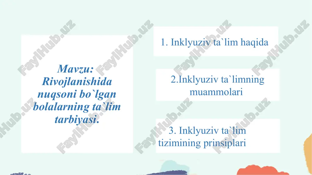 shakllantirishdir inklyuziv ta'limning muammolari. ko‘plab davlatlarda inklyuziv ta'limni joriy etish bo‘yicha davlat normativ xujjatlarida qayd qilinmaganligi; nogiron bolalarga nisbattan salbiy munosabat; imkoniyati cheklangan bolalarning hamjamiyatda ko‘rinmaslik muammosi; imkoniyati cheklangan bolalarning maktabda ko‘rinmaslik muammosi; moddiy mablag‘ muammolari; ta'lim muassasalarini moslashtirish; sinfda o‘quvchilar sonining ko‘pligi; kambag‘allik; jinsiy tafovutlarga qarab kamsitish; imkoniyati cheklangan bolalarning boshqalarga qaramligi; favqulodda vaziyatlar , mojarolar, qochoqlar; kadrlar masalasidagi muammolar. haqli savol tug‘iladi, nima uchun imkoniyati cheklangan bolalarni inklyuziv ta'lim tizimiga jalb etish kerak? yuqorida keltirilgan dalillarni hal etib inklyuziv ta'lim tizimiga o‘tishga qanday zaruriyat bor? darhaqiqat, inkiluziv ta'lim tizimi oldidagi muammolarni hal etish oson kechmaydi. ammo bu ta'lim tizimining nafli jixati juda ko‘p ular sirasiga qo‘yidagilar kiradi  inklyuziv ta'lim qashshoqlik iskanjasidan qutilishga imkon beradi;  inklyuziv ta'lim barcha uchun ta'lim sifatini yaxshilaydi;  kamsitishlarni oldini oladi;  inklyuziv ta'lim yanada inklyuzivlikka olib keladi. inklyuziv ta'limning prinsiplari: 1. insonning qadr qimmati, uning qobiliyati va yutug‘iga bog‘liq emas. 2. …