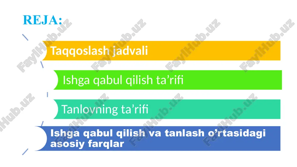 a ish uchun murojaat qilishadi, unda yollovchilar qaysi nomzod ish uchun eng mos kelishini hal qilishlari kerak. tanlov shuningdek quyidagicha berilgan bir qator tadbirlarni o'z ichiga oladi: tanlovning ta'rifi ko'rish muvofiq bo'lmagan nomzodlarni yo'q qilish imtihonni ko'nikma testi, aql-idrok testi, ishlash testi, shaxsni sinash va boshqalar kabi o'tkazish. suhbat adabiyotlarni tekshirish tibbiy test tanlash jarayoni ko'p vaqt talab etadi, chunki kadrlar menejerlari har bir nomzodning ushbu lavozimga munosibligini aniqlashlari kerak. bundan tashqari, ma'lumotlarning malakasi, kelib chiqishi, yoshi va boshqalar ham ularga ko'proq e'tibor berishlari kerak bo'lgan eng muhim omillardan biridir. shundan so'ng, yozma imtihon va intervyu ham juda qiyin vazifadir. ishga qabul qilish va tanlash o'rtasidagi asosiy farqlar 1. ishga qabul qilish va tanlash o'rtasidagi farqga qarab quyidagi fikrlar muhim ahamiyatga ega: ishga qabul qilish - bu bo'sh lavozimga nomzodlarni topish va ularga murojaat qilishni rag'batlantirish jarayoni. tanlov deganda, abituriyentlar ro'yxatidan eng yaxshi nomzodni tanlab olish va ularga ish taklif …