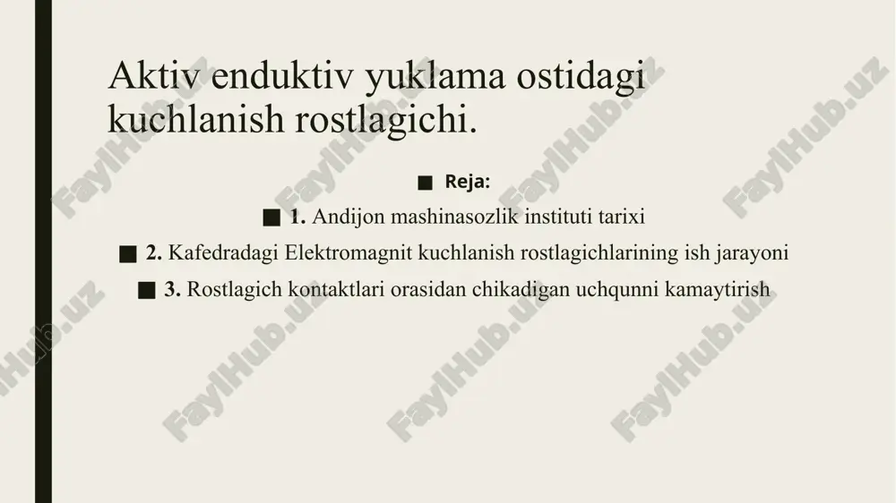 yicha ilmiy kadrlar ham tayyorlanadi. ilmiy ishlar nashr etadi. 2023-yilgacha30 mingdan ortiq mutaxassislar tayyorlandi. rostlagich kontaktlari tutash bulganda, generator kuchlanishi ug ning ortish va kontaktlar uzilganda kamayish tezliklari generatorning aylanish chastotasiga boglikdir. uygotish chulgamining zanjiri ulangan xolda, generator kuchlanishi ma’lum chegaraviy kiymatgacha usib boradi, aylanishlar chastotasi kancha katta bulsa, bu chegaraviy kuchlanish kiymati xam yukori buladi (16-rasm). aylanish chastotasi ortishi bilan generator kuchlanishining usishi xam tezlashadi va kuchlanish usishini ifodalovchi egri chizik shunchalik tik buladi. rostlagich kontaktlari uzilganda, generator kuchlanishi asimptotik ravishda ma’-lum chegaraviy kiymatgacha kamayadi.aylanish chastotasi kancha katta bulsa, kuchlanish-ning kamayish chegarasi xam shuncha yuqori buladi. generator rotorining katta, urtacha va kichik aylanishlar chastotasiga taallukli bulgan va kuchlanish uzgarishini ifodalovchi egri chiziklar 17a-rasmda kursatilgan. ular 16-rasmdagi kuchlanishning usishi va kamayishini ifodaluvchi egri chiziklardan, tegishli kesmalarni ajratib olish yuli bilan tuzilgan. 17b -rasmda generator uygotish zanjirining rostlagich kontaktlari tutashgan xoldagi karshilik ruch (uygotish chulgamining karshiligi) dan kontaktlar uzilgandagi karshilik ruch+ …