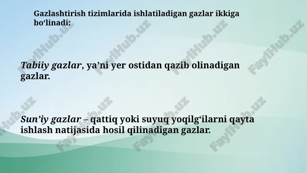 hda tabiiy gazlardan juda keng miqiyosda foydalaniladi. tabiiy gazlar er ostidan qazib olinadi va asosan metanlar qatoriga kiruvchi uglevodorodli gazlardan tashkil topgandir. uning tarkibiga metan, etan, propan, butan, pentan va geksanlar, ularning birikmalari kiradi. uglevodorodlardan tashqari, tabiiy gazlar tarkibida azot, is gazi, oltingugurt, vodorod va inert (kam uchraydigan) gazlari uchraydi. tabiiy gazlar er ostida paydo bo‘lishiga qarab qo‘yidagi guruhlarga bo‘linadi: toza gaz ko‘rinishida, neft paydo bo‘lgan joylarda neft bilan birgalikda va gaz kondensati paydo bo‘lgan kondensatli gazlar toza gaz ko‘rinishidagi tabiiy gazlarning tarkibi asosan metandan tarkib topgan bo‘lib, quruq va taqir bo‘ladi. og‘ir uglevodorodli gazlarning (propan va undan keyingilari) quruq gaz tarkibidagi miqdori 50 g/m3 dan oshmaydi. neft bilan birgalikda paydo bo‘lgan gazlar, neft paydo bo‘lgan joydan qazib olinadi. bu gazlarni «hamroh» (yo‘l-yo‘lakay) gazlar ham deb ataydilar. bunday gazlarning tarkibida metandan tashqari, ko‘p miqdorda og‘ir uglevodorodli gazlar (150 g/m3 va undan ortiq) bo‘lib, moyli gaz xisoblanadi. moyli gazlar bu quruq …