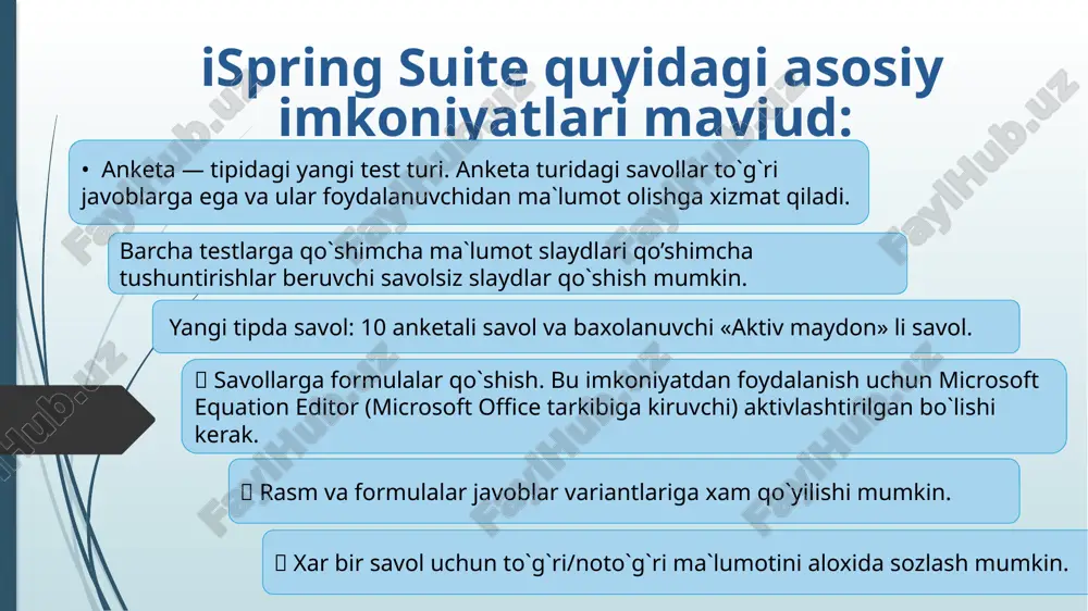 b olishga imkoniyat beradi. ispring suite ishchi oynasi 1 2 3 4 5 6 1. ispring suite lentasi 2. savollar ro`yxati 3. savollarni taxrirlash paneli 4. mediya resurslarni boshqarish paneli 5. javoblarni taxrirlash paneli 6. savol xususiyatlari paneli ispring suite asosiy oynasi quyidagi qismlardan iborat: test yaratish va saqlash 1. ispring suite dasturiga kiring va testi bo’limini tanlang 2. xosil bo`lgan menyudan noviy test ni tanlang. 3. test tipini tanlang: baxolanuvchi yoki anketa (otsenivaemiy testyoki anketa). testni saqlash uchun 1. tezkor tugmalar panelidagi soxranit yoki soxranit kak... tugmasiga cherting 2. dastur oynasinig chap yuqori dastur lentasi cherting va undan soxranit yoki soxranit kak... ni tanlang. 1 2 savollarni boshqarish ispring suite markerda tarkibiga 23 tipdagi savollar kiradi bundan: 11 baxolanuvchi savollar, 12 anketali savol va bitta qo`shimcha tipli «informatsionniy slayd» savollari mavjud. baholanuvchi savollar turlari: 1. verno/neverno(to‘g‘ri/noto‘g‘ri) test turi 2. odinochniy vibor( bitta javobni tanlash); 3. mnojestvenniy vibor(bir necha javobni …