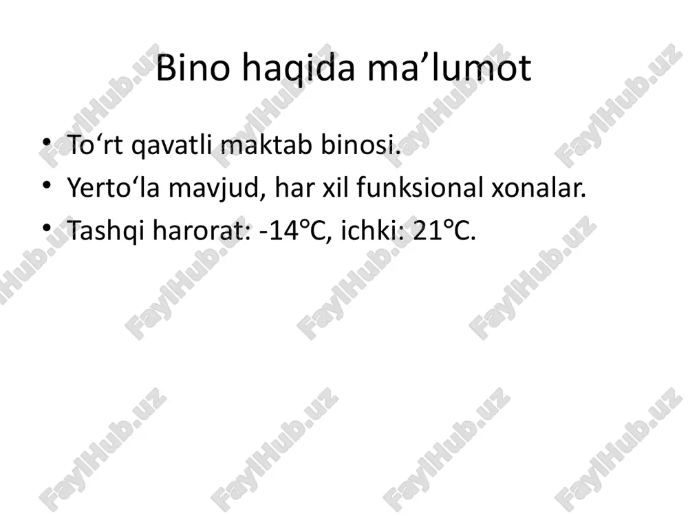 gi, λi​ – qatlamning issiqlik o‘tkazuvchanligi. ushbu qatlamlar bo‘yicha umumiy termik qarshilik formula bilan hisoblandim va keyin tashqi devor uchun r = 1.72 m²·°c/w, bu esa k = 0.58 w/m²·°c issiqlik uzatish koeffitsienti bilan yakunlandi. olingan r qiymati qmq 2.01.04-97* talablariga muvofiq holda bo‘lishi lozim. shundan so‘ng, har bir xona uchun issiqlik yo‘qotishlar quyidagi formula asosida hisoblab chiqildi: bu yerda: f – to‘siq yuzasi, k – issiqlik o‘tkazuvchanlik koeffitsienti, ti - tt​ – ichki va tashqi harorat farqi, β – qo‘shimcha issiqlik yo‘qotilishi koeffitsienti. har bir xona uchun bu formulaga asosan aniq issiqlik sarfi hisoblab chiqildi. misol uchun, janubiy devor orqali 331 vt issiqlik yo‘qotilishi kuzatildi, derazalar orqali esa deyarli 118 vt. issiqlik yo‘qotilishini kamaytirish uchun quyidagi energiya samarador choralari taklif qilindi: 🔹 tashqi devor va tom izolyatsiyasini kuchaytirish, 🔹 deraza va eshiklarni energiya tejamkorlarga almashtirish, 🔹 radiatorlar orqasiga aks ettiruvchi materiallar joylashtirish, 🔹 termostatli klapanlar va avtomatik boshqaruv tizimi …