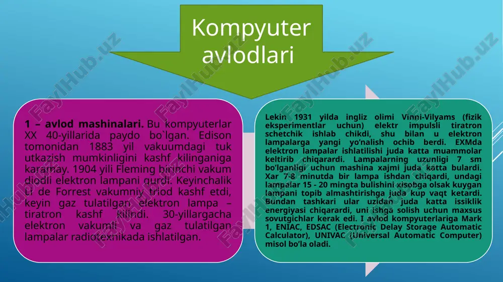 0000 $ ni tashkil kiladigan mini-kompyuter pdp-8 yaratdi. tranzistorning eng qulay jixati shunda ediki 1 tarnzistor 40 ta elektron lampalar urnini bosa olardi. kompyuterdagi eng katta yangilik tezligining bir sekundga million operatsiya bajara olishi bo’ldi. tranzistorli kompyuterlar oilasiga "stretch" (angliya), "atlas" (ssha). usha davrdagi "besm-6" (sssr). 3 – avlod mashinalari. tranzistorlar o’ziga yarasha ikkinchi avlod kompyuterlarini keltirgan bo’lsa uchinchi avlod kompyuterlari yaratilishiga sabab integral sxemalar bo’ldi. integral sxema (uni yana kristall-deb xam atashadi), usti kremni kristalidan iborat bulib 10 mm 2 xajmga ega edi. birinchi integral sxemalar (is) 1964 yil paydo bo’ldi. boshida ular faqat kosmik va harbiy soxada ishlatildi. xozir esa ularni xar kayerda uchratish mumkin (avtomobil, kir yuvish moshinasi va x.k.). kompyuterlarga keladigan bo’lsak is siz ularni tasavvur etib bulmaydi! bitta is 1000 tranzistorning urnini bosa olardi. bir so’z bilan aytganda kichkina bir kristall 30-tonnali eniakning vazifasini bajara oladi! uchinchi avlod exmning ishlash tezligi 100 baravar oshdi. 4 …