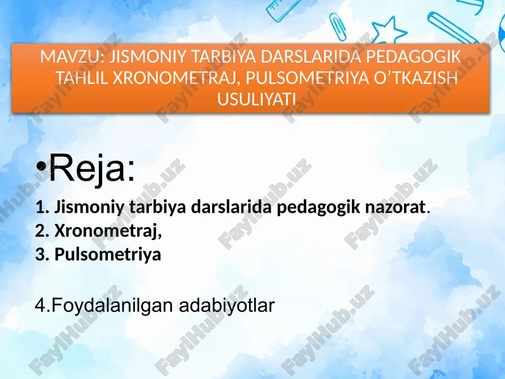 smoniy tarbiya darslari muhim bosqichlardan biri hisoblanadi. har bir amaliyotchi o‘zlarining faoliyatlarida shularni to‘la singdirib olishlari, uni amalda qo‘llay bilish kerak. bunday hollarda pedagogning rahbarlik roli, o‘quvchilarning qiziqib bajarishlari katta rol o‘ynaydi. buning uchun bilimlarni teshirish, rag‘batlantirish, yangi vazifalarni bajarishda ularga tayana bilishdadir. shundagina o‘quvchilarning aktivligi, ongi, intizomi va ko‘rsatgan natijalari osha boradi. haqiqatan ham jismoniy tarbiya darslari ko‘p qirrali jarayondir. darsda didaktik prinsiplar, o‘rgatishdagi turli uslublar va axloq tarbiyasi yaxshi yo‘lga qo‘yilganda maqsadga qo‘yilgan vazifalarni to‘la amalga oshirish imkonlari yaratiladi. *jismoniy tarbiya darslari oldiga qo‘yiladigan vazifalar bilan to‘liq ravishda tanishish uchun konespektiga qarang ko‘rgazmalilik, texnik vositalardan foydalanish, amaliy bajarib ko‘rsatish, bajarilayotgan mashqlarni kundalik tabiiy sharoitalarda uchraydigan harakatlar, tabiatning foydali vositalaridan foydalanish yo‘llari o‘zviy bog‘lab olib borilganda o‘quvchilarda sportga qiziqish, harakatlarni tushunib bajarishga bo‘lgan ehtiyojlar kuchayadi. buning boisi shundaki, jismoniy tarbiya darslarida o‘quvchilarning sog‘ligini mustahkamlashga e’tibor kuchaytirilishi bilan birgalikda, ularni kasb tanlash, mehnat qilishga tayyorlashdir. shuning bilan birgalikda “jismoniy tarbiya …