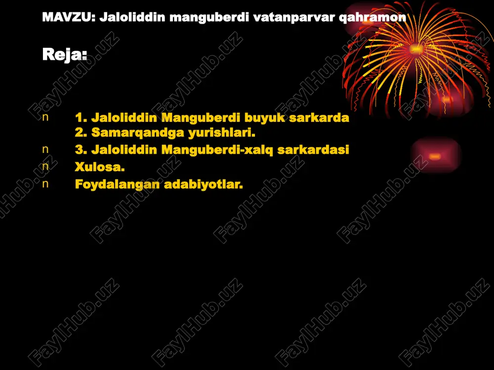 vlati 1017 yilda maxmud g’aznaviy boshchilik g’azniviylar davlatiga 1044 yildan saljuqiylar davlatiga qaram bo’ldi. xorazmning mustaqilligi uchun kurash xii asrning ikkinchi choragidan boshlandi. bu harakat xorazmshox otsiz(1127-1156) davrida boshlanib, alouddin takash (1172-1200) davrida nihoyasiga yetdi. takash davrida xorazm davlati mustaqillikga erishdi, mamlakat xududlari ikki baravar kengaydi. natijada old va o’rta osiyoda yirik va qudratli feodal davlati tashkil topdi. alouddin takash vafotidan so’ng taxtga uning ug’li sulton muhammad (1200-1220) utirdi. “tarixiy xotirasiz kelajak yo’q” islom abdug’anievich karimov «mug’ul» atamasi etnik mazmundan ko’ra, siyosiy mazmunga ega. halq o’zining ko’p sonli qabilalari nomi bilan «tatar» deb atar edi. shu sababli bu halqlar tarixda «mongolo-tatarlar» deb yuritilgan. xii asrning oxiri va xiii asr boshlarida mung’ul urug’ boshliqlari orasidan ichki kurashlarda timuchin degan kishi g’olib chiqadi. 1204-1205 mug’ilistondagi ko’chmanchi qabilalarni birlashtirib, markazlashgan davlat tuzadi. 1206 yilda timuchin onon daryosi bo’yida o’ziga buysundirilgan mo’ng’ul urug’ va qabila boshliqlarini quriltoyini chaqiradi. unda timuchinga “chingiz”- beg’ubor, toza, musaffo, …
